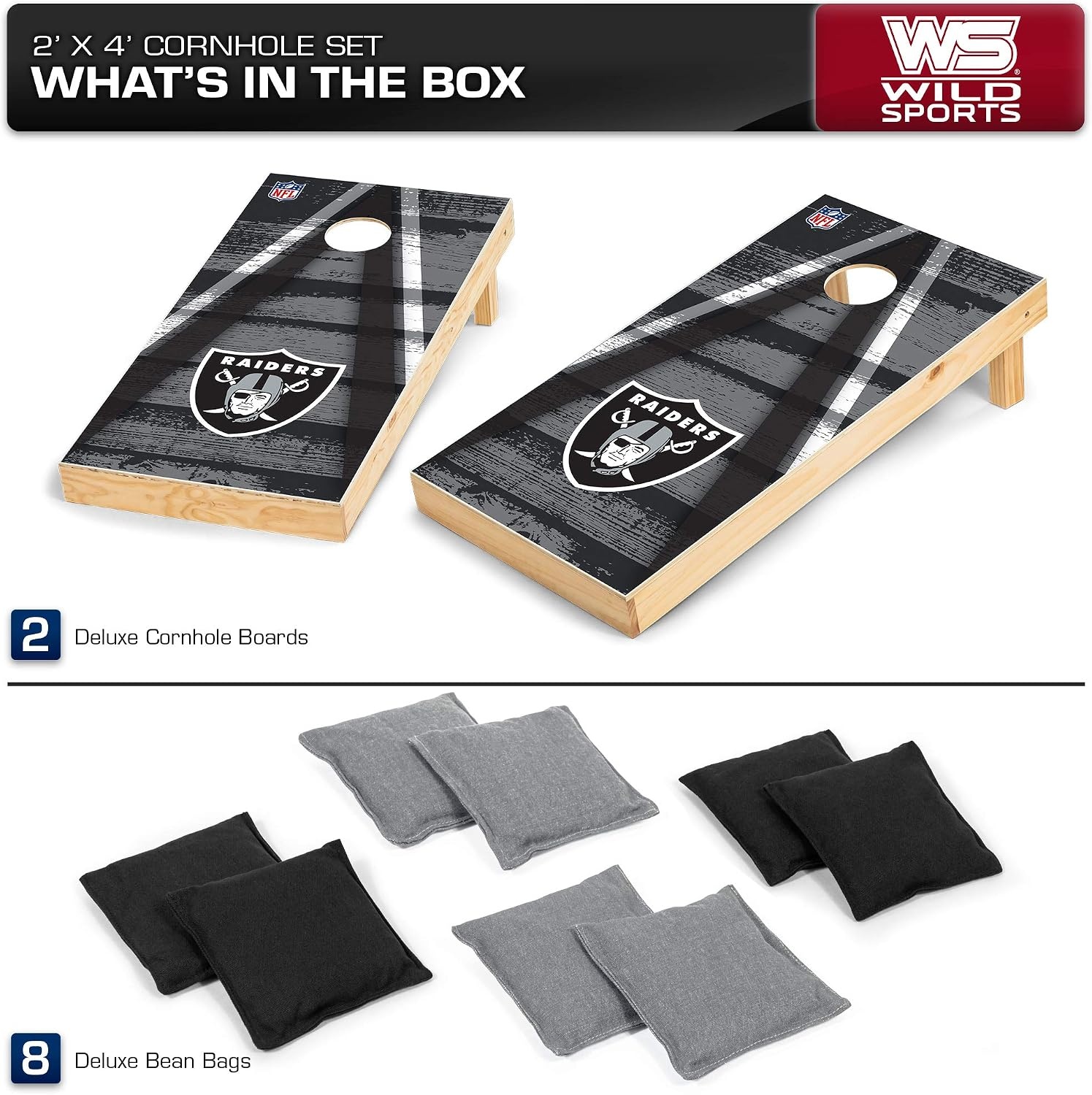 NFL Pro Football 2′ x 4′ Wood Direct Print Tournament Cornhole Set by Wild Sports, Comes with 8 Bean Bags – Perfect for Tailgate, Outdoor, Backyard(Las Vegas Raiders)