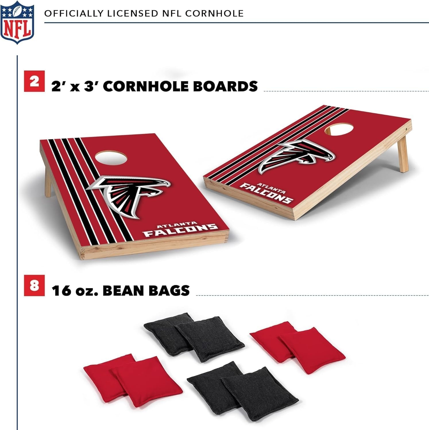 NFL 2′ x 3′ Solid Wood Cornhole Set with Direct Print HD Team Graphics – Great Gift for Any Football Fan  Bean Bag Toss Family Outdoor Games(Atlanta Falcons)