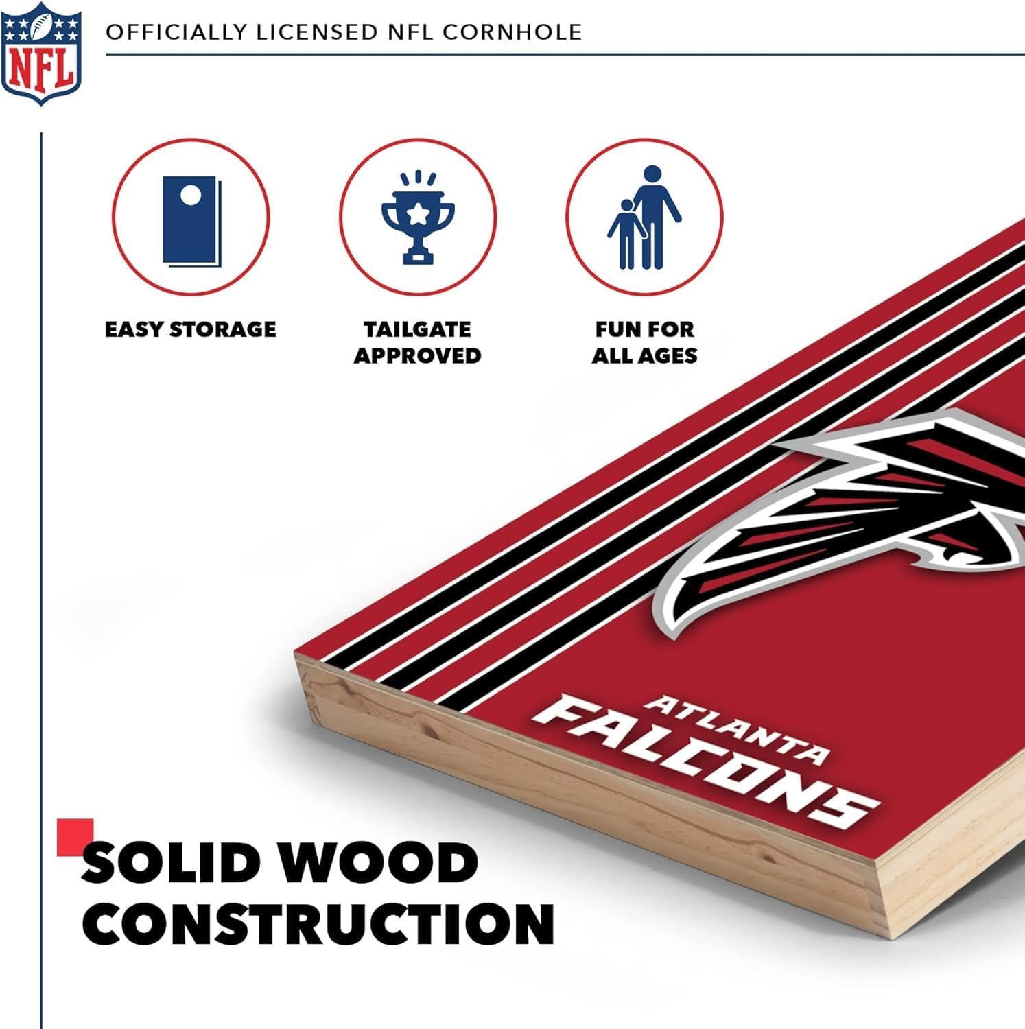 NFL 2′ x 3′ Solid Wood Cornhole Set with Direct Print HD Team Graphics – Great Gift for Any Football Fan  Bean Bag Toss Family Outdoor Games(Atlanta Falcons)