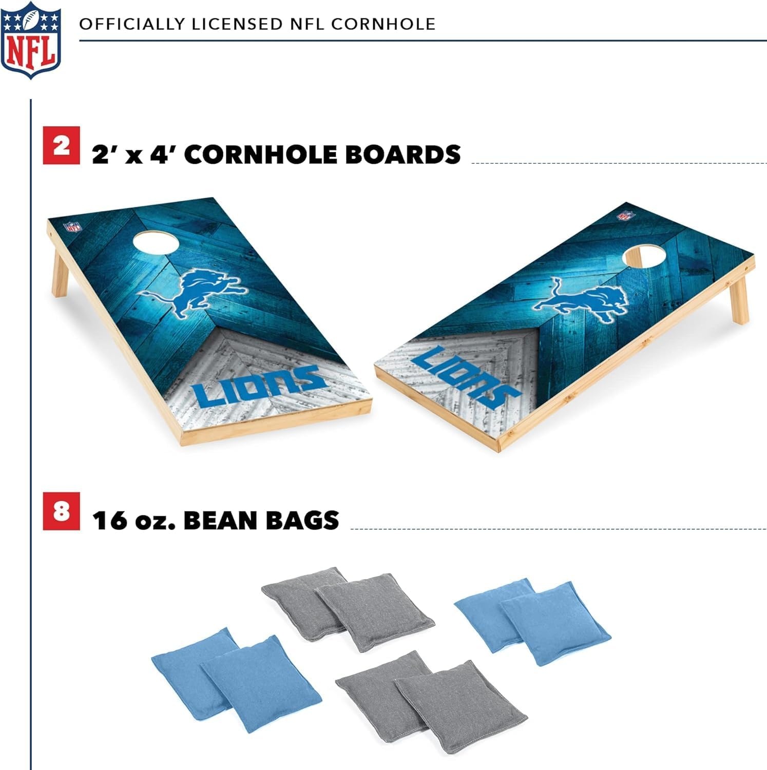 NFL Football 2′ x 4′ Regulation Size Solid Wood Cornhole Set with Direct Print HD Team Graphics Great Gift for Any Football Fan  Bean Bag Toss Family Outdoor Game(Detroit Lions)