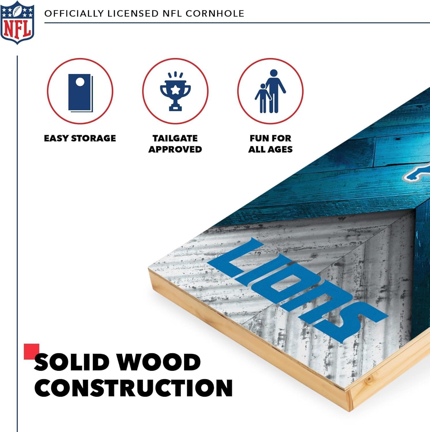 NFL Football 2′ x 4′ Regulation Size Solid Wood Cornhole Set with Direct Print HD Team Graphics Great Gift for Any Football Fan  Bean Bag Toss Family Outdoor Game(Detroit Lions)