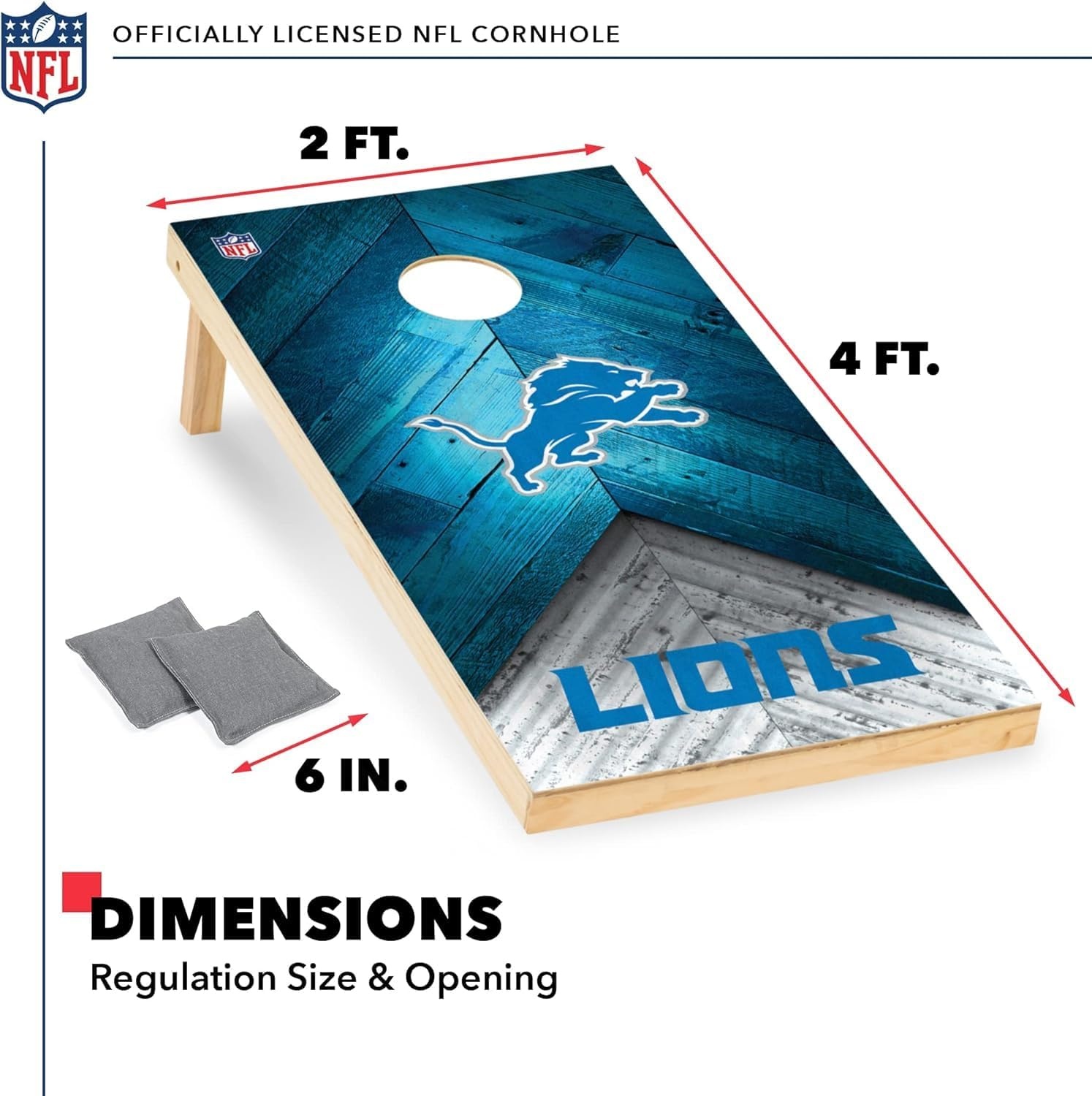 NFL Football 2′ x 4′ Regulation Size Solid Wood Cornhole Set with Direct Print HD Team Graphics Great Gift for Any Football Fan  Bean Bag Toss Family Outdoor Game(Detroit Lions)