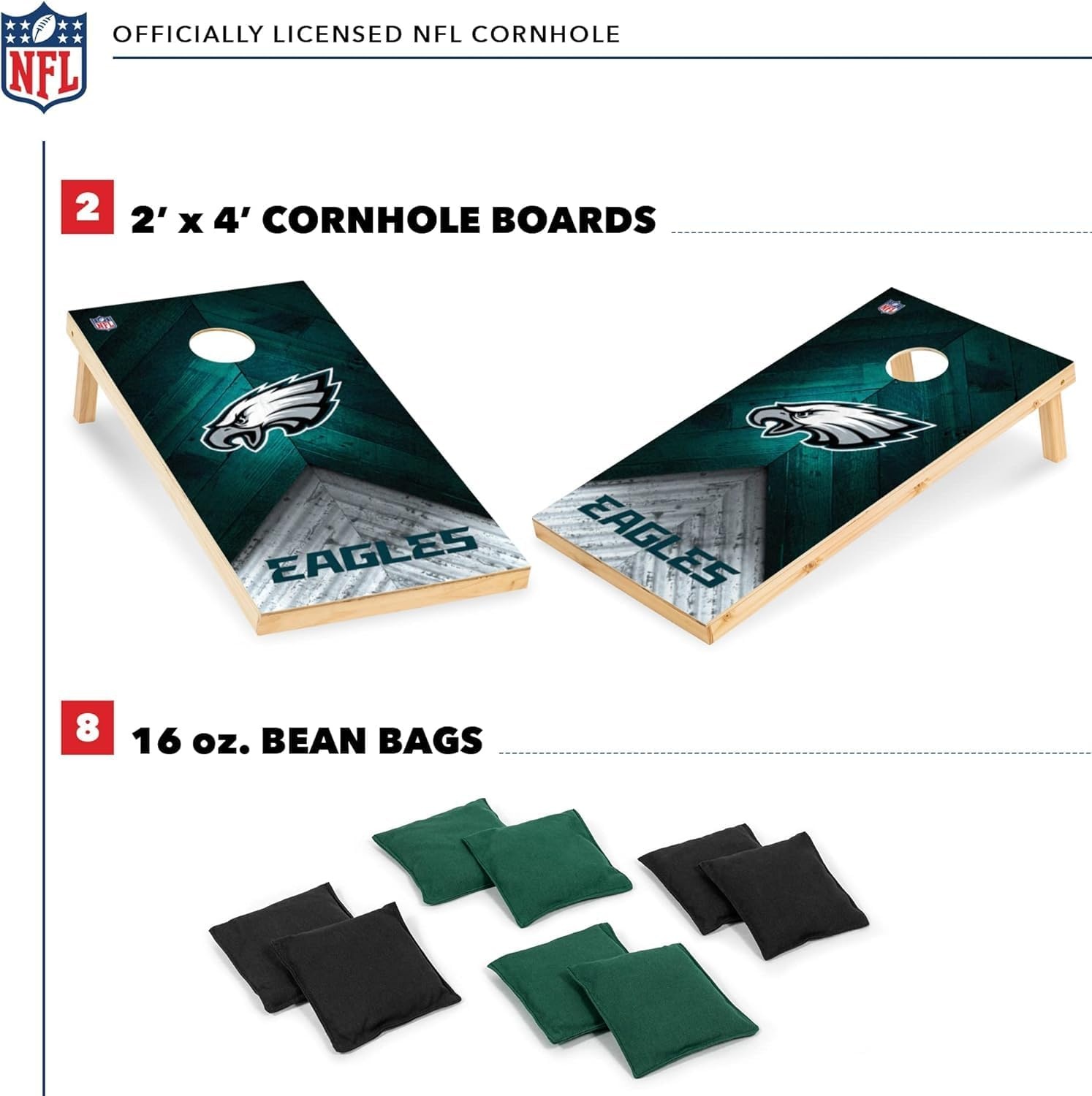 NFL Football 2′ x 4′ Regulation Size Solid Wood Cornhole Set with Direct Print HD Team Graphics Great Gift for Any Football Fan  Bean Bag Toss Family Outdoor Game(Philadelphia Eagles)