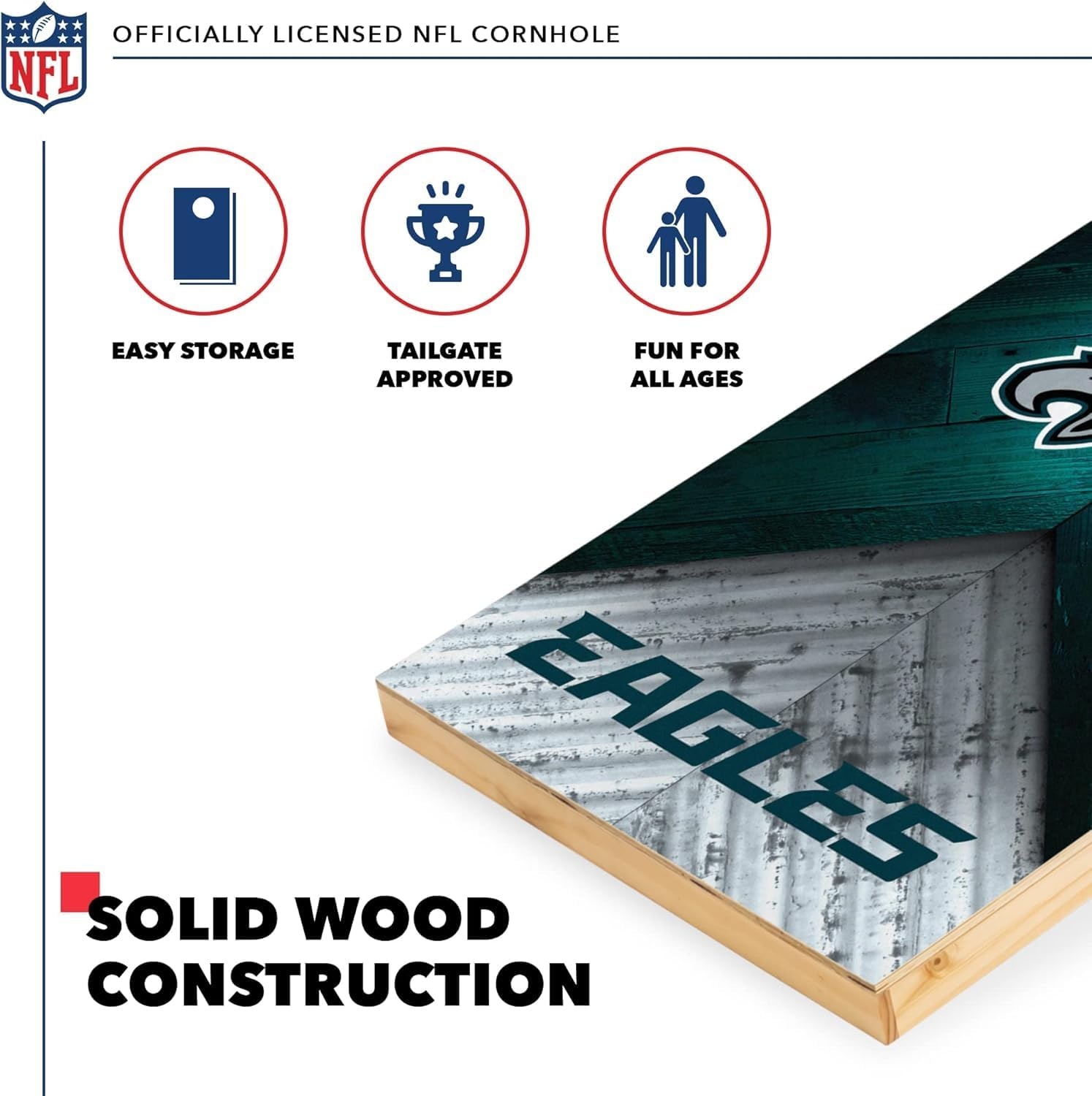 NFL Football 2′ x 4′ Regulation Size Solid Wood Cornhole Set with Direct Print HD Team Graphics Great Gift for Any Football Fan  Bean Bag Toss Family Outdoor Game(Philadelphia Eagles)