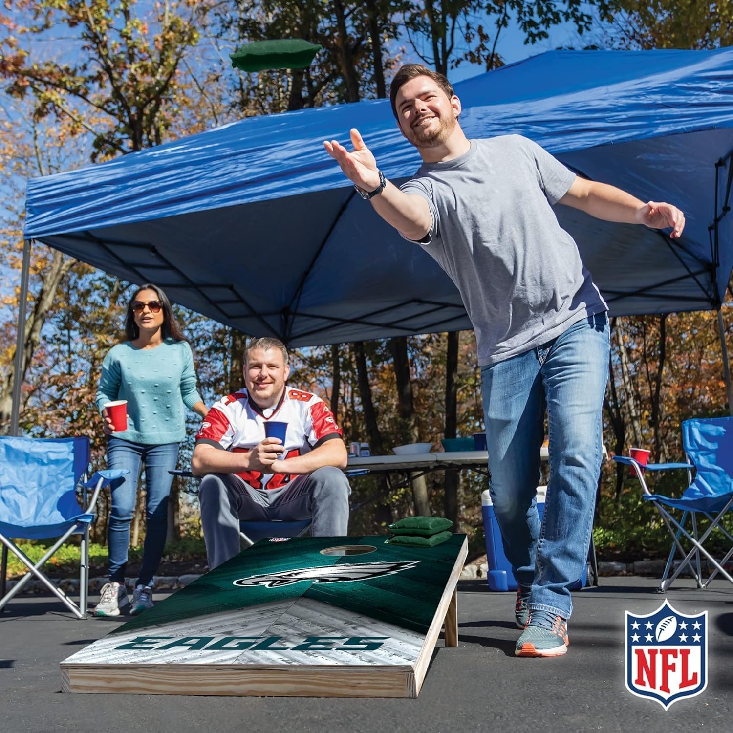 NFL Football 2′ x 4′ Regulation Size Solid Wood Cornhole Set with Direct Print HD Team Graphics Great Gift for Any Football Fan  Bean Bag Toss Family Outdoor Game(Philadelphia Eagles)