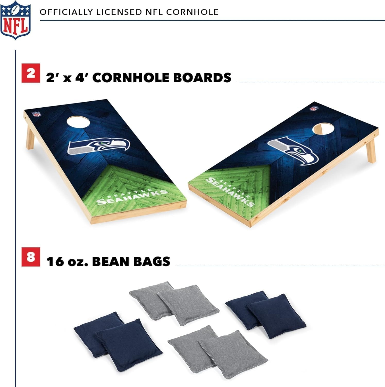 NFL Football 2′ x 4′ Regulation Size Solid Wood Cornhole Set with Direct Print HD Team Graphics Great Gift for Any Football Fan  Bean Bag Toss Family Outdoor Game(Seattle Seahawks)