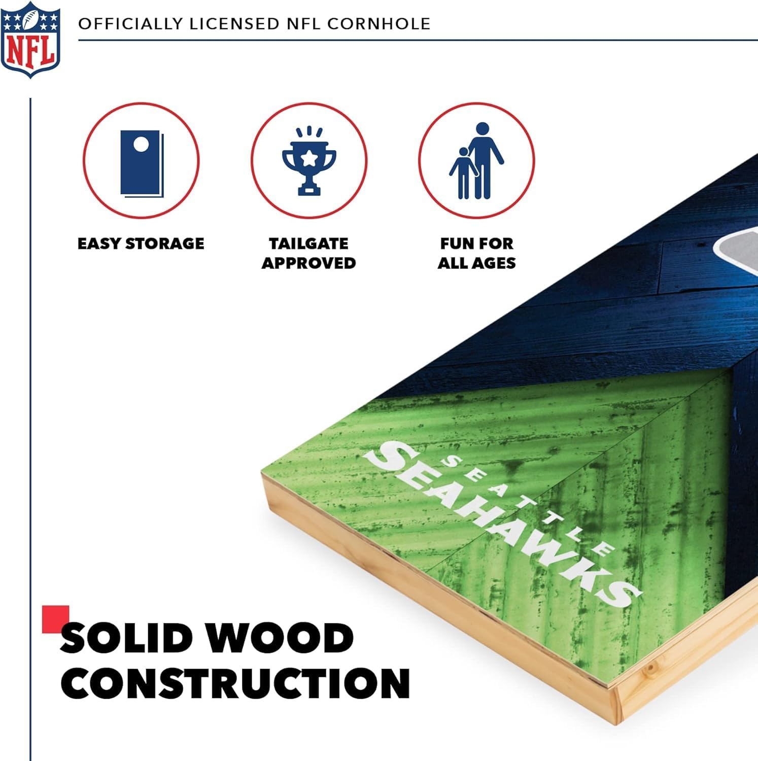 NFL Football 2′ x 4′ Regulation Size Solid Wood Cornhole Set with Direct Print HD Team Graphics Great Gift for Any Football Fan  Bean Bag Toss Family Outdoor Game(Seattle Seahawks)