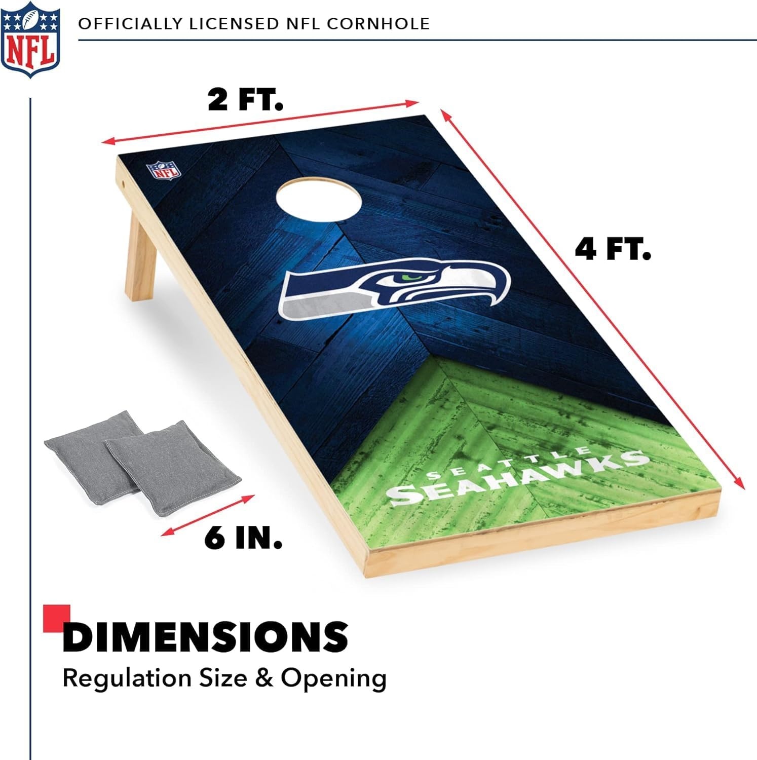 NFL Football 2′ x 4′ Regulation Size Solid Wood Cornhole Set with Direct Print HD Team Graphics Great Gift for Any Football Fan  Bean Bag Toss Family Outdoor Game(Seattle Seahawks)