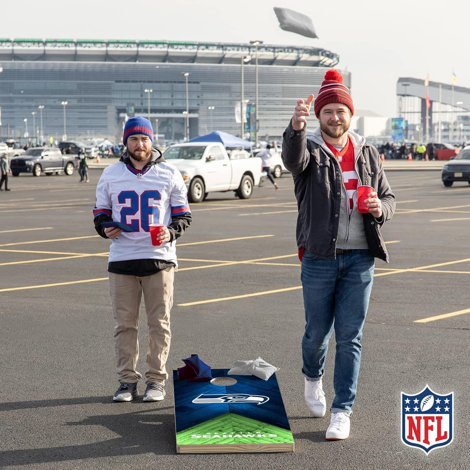 NFL Football 2′ x 4′ Regulation Size Solid Wood Cornhole Set with Direct Print HD Team Graphics Great Gift for Any Football Fan  Bean Bag Toss Family Outdoor Game(Seattle Seahawks)