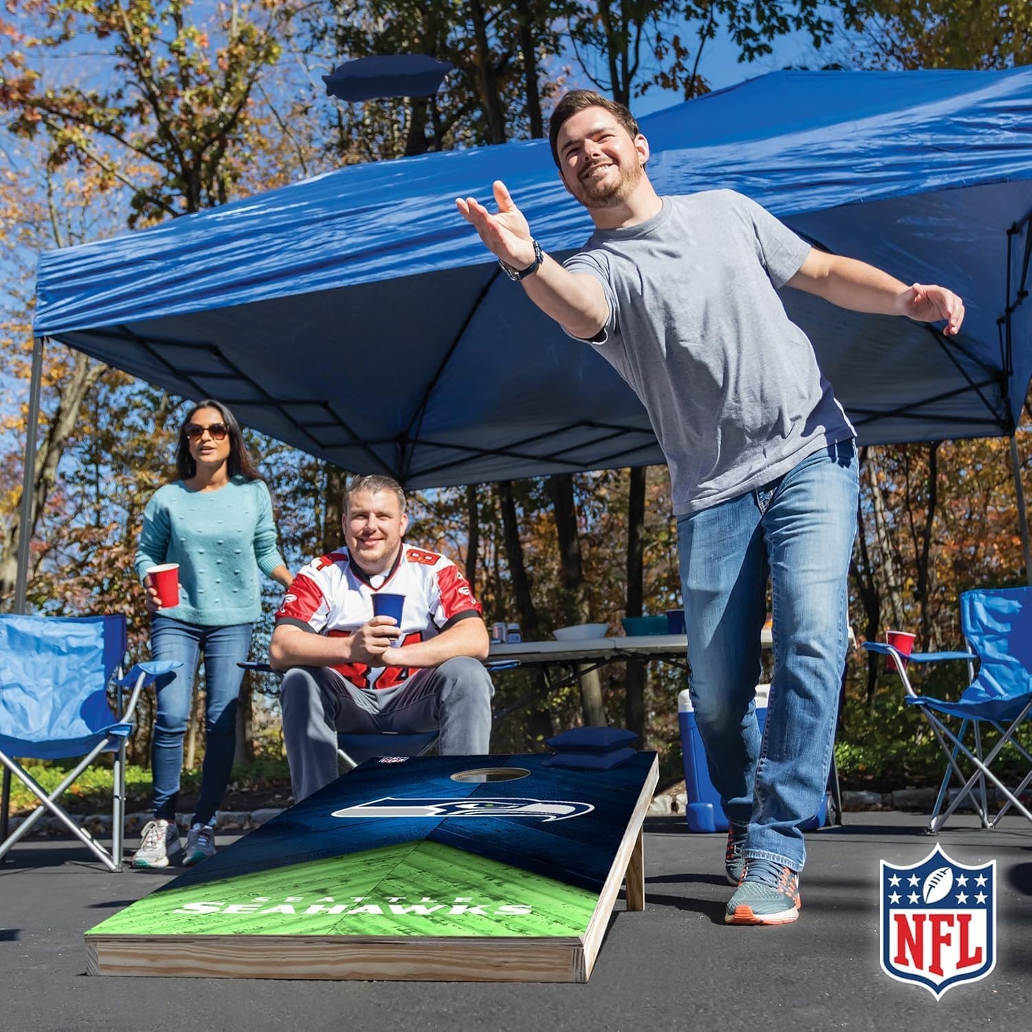 NFL Football 2′ x 4′ Regulation Size Solid Wood Cornhole Set with Direct Print HD Team Graphics Great Gift for Any Football Fan  Bean Bag Toss Family Outdoor Game(Seattle Seahawks)