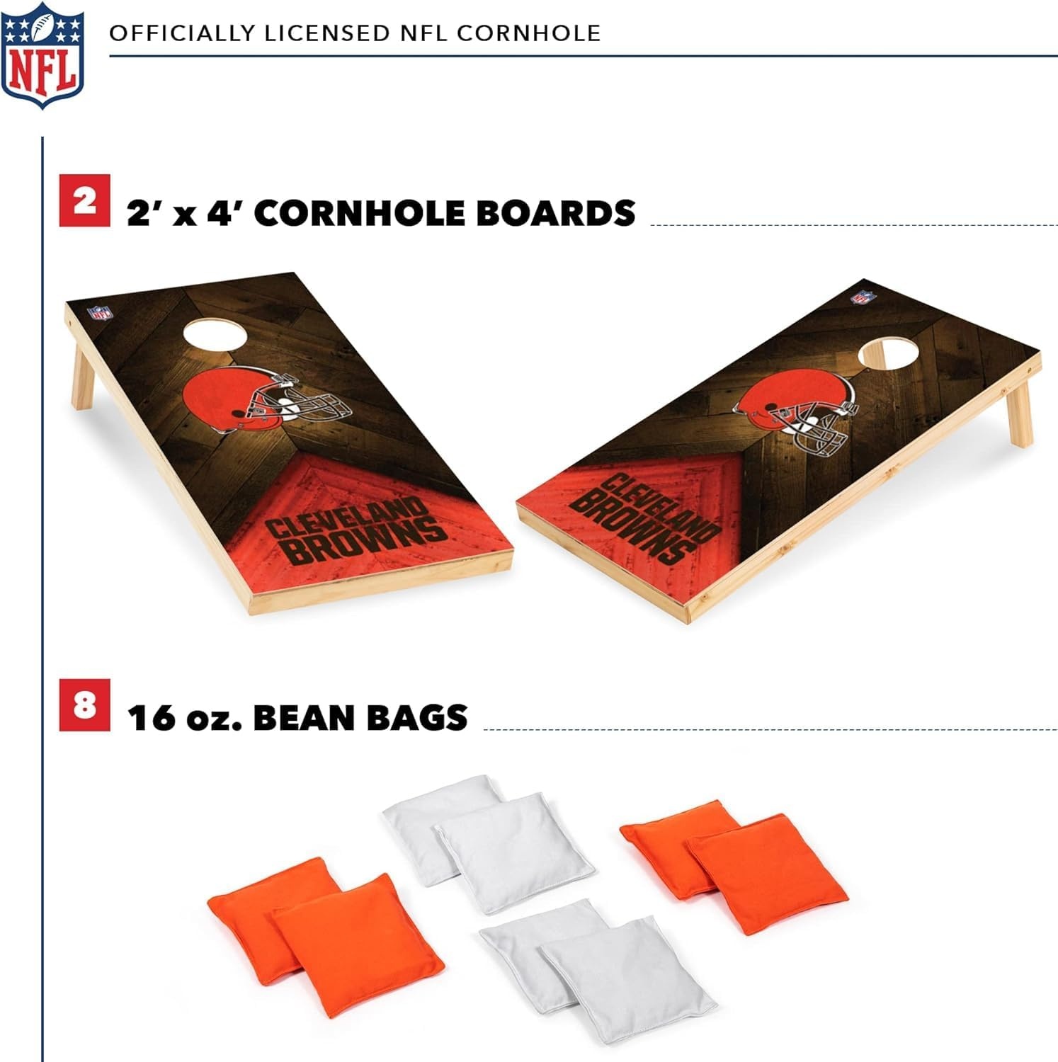 NFL Football 2′ x 4′ Regulation Size Solid Wood Cornhole Set with Direct Print HD Team Graphics Great Gift for Any Football Fan  Bean Bag Toss Family Outdoor Game(Cleveland Browns)