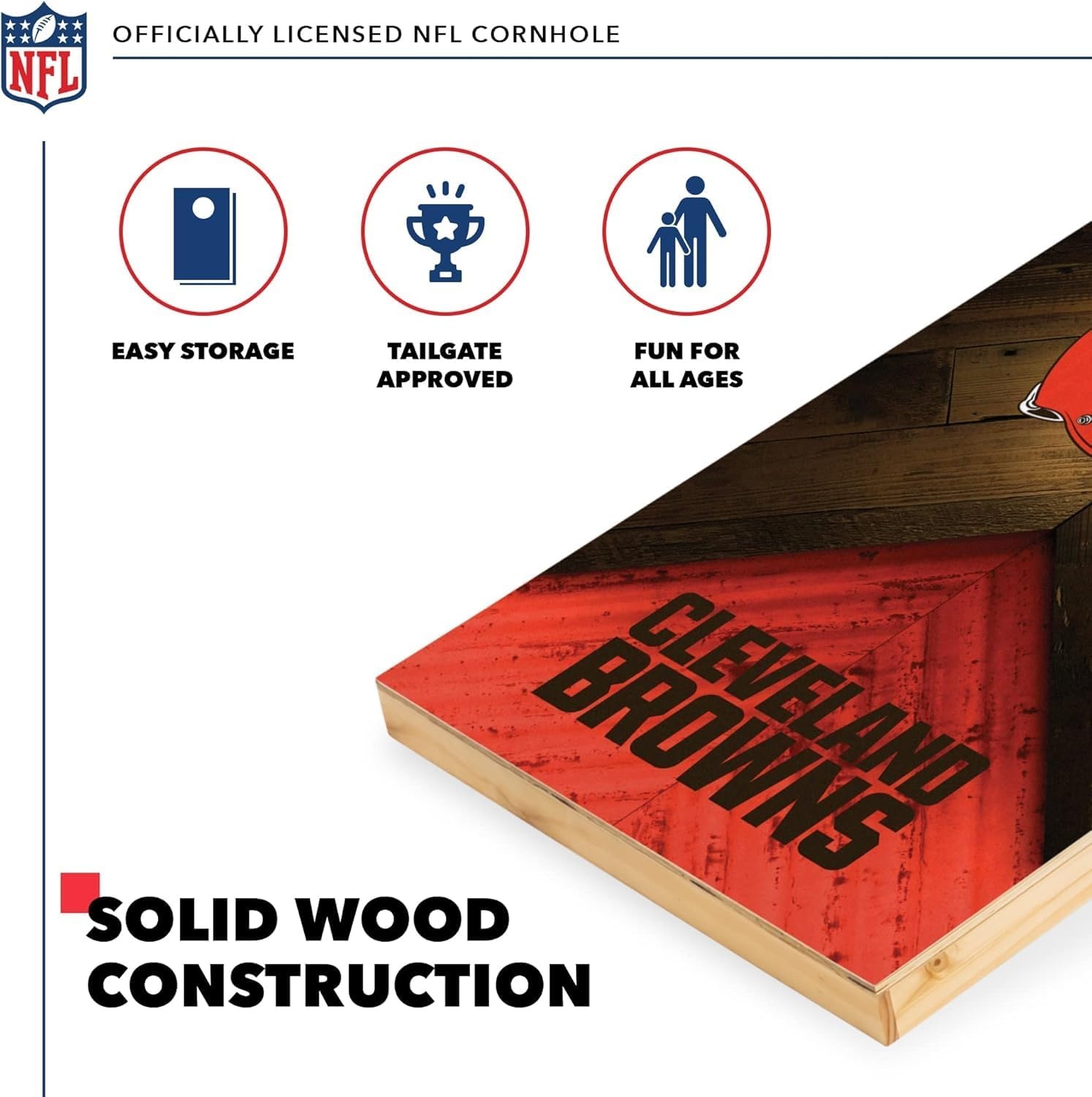 NFL Football 2′ x 4′ Regulation Size Solid Wood Cornhole Set with Direct Print HD Team Graphics Great Gift for Any Football Fan  Bean Bag Toss Family Outdoor Game(Cleveland Browns)