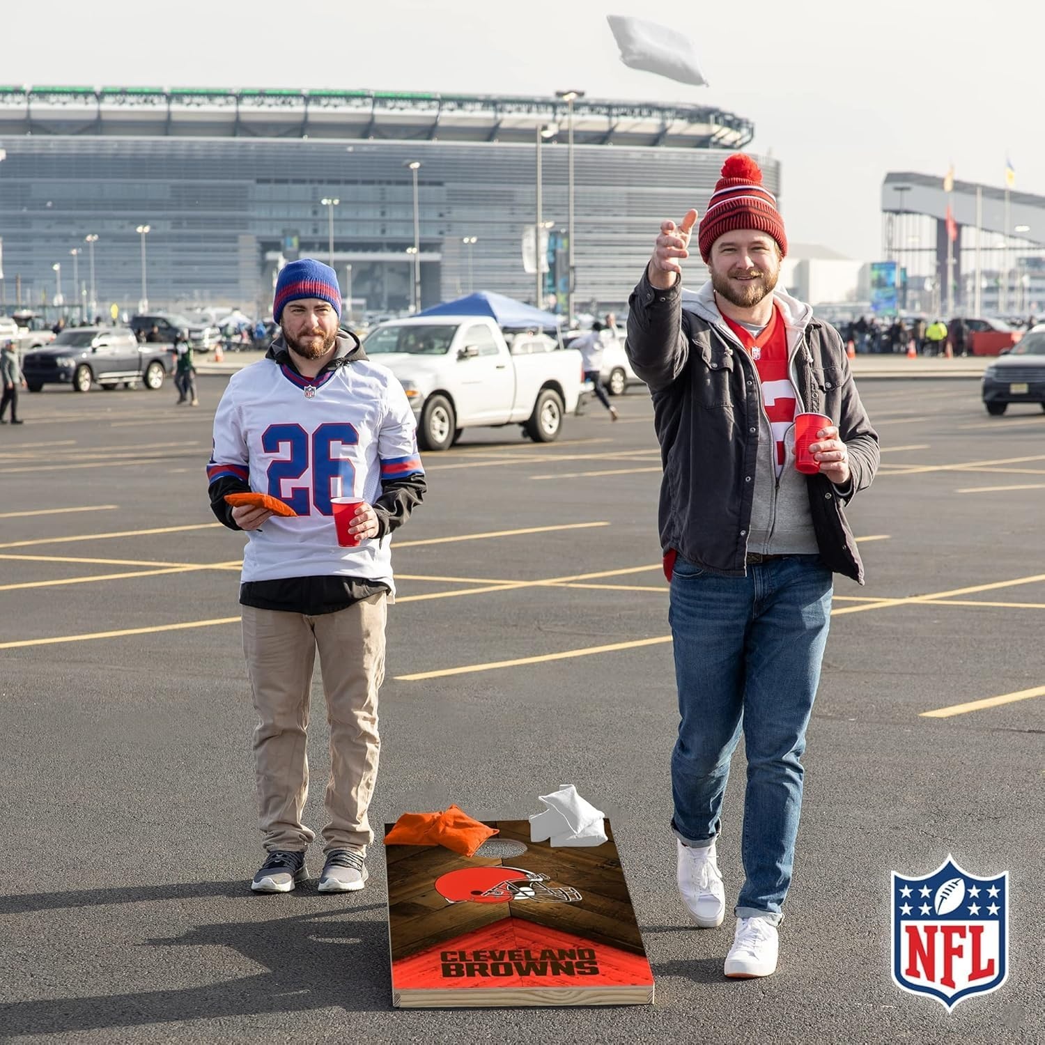 NFL Football 2′ x 4′ Regulation Size Solid Wood Cornhole Set with Direct Print HD Team Graphics Great Gift for Any Football Fan  Bean Bag Toss Family Outdoor Game(Cleveland Browns)