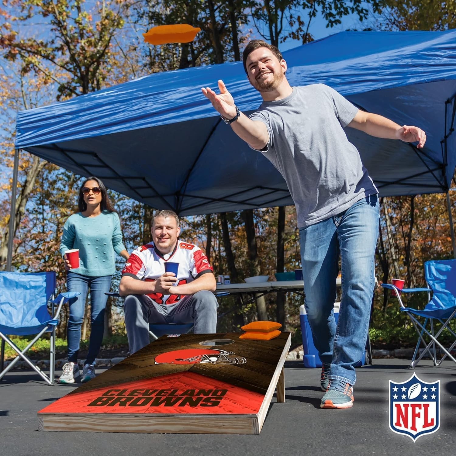 NFL Football 2′ x 4′ Regulation Size Solid Wood Cornhole Set with Direct Print HD Team Graphics Great Gift for Any Football Fan  Bean Bag Toss Family Outdoor Game(Cleveland Browns)