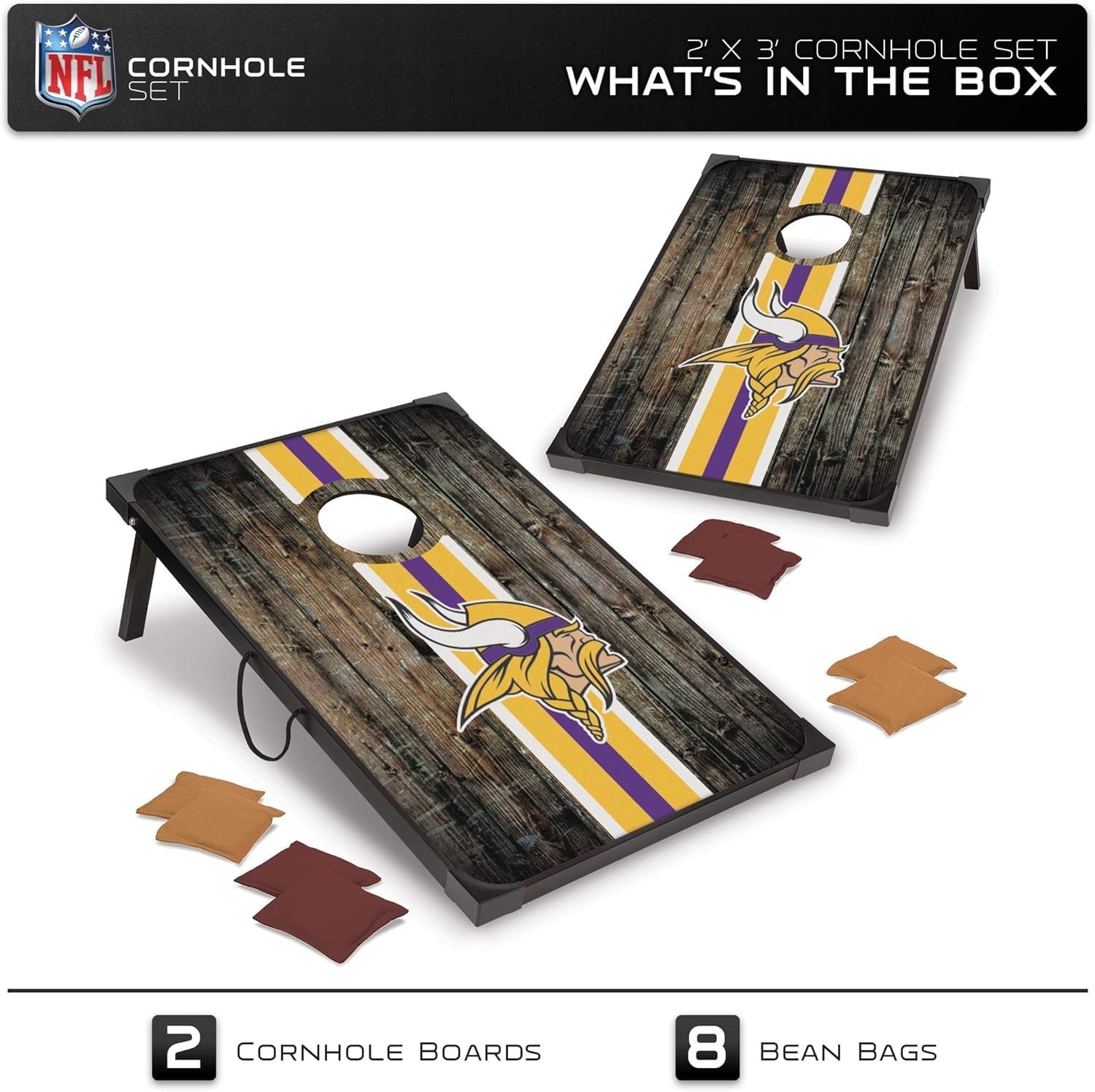 Wild Sports NFL 2′ x 3′ MDF Deluxe Cornhole Set – with Corners and Aprons(Minnesota Vikings)