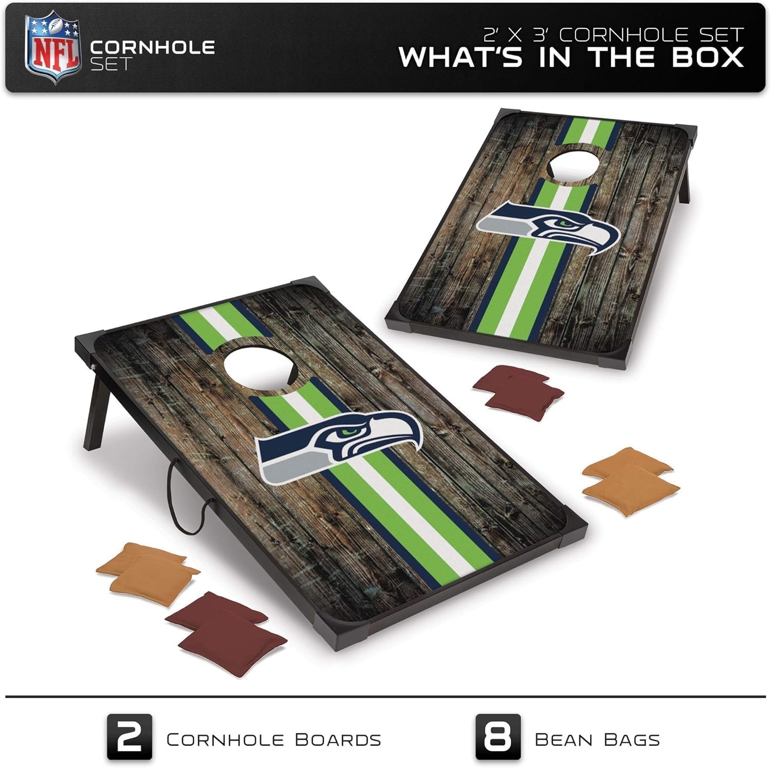 Wild Sports NFL 2′ x 3′ MDF Deluxe Cornhole Set – with Corners and Aprons(Seattle Seahawks)