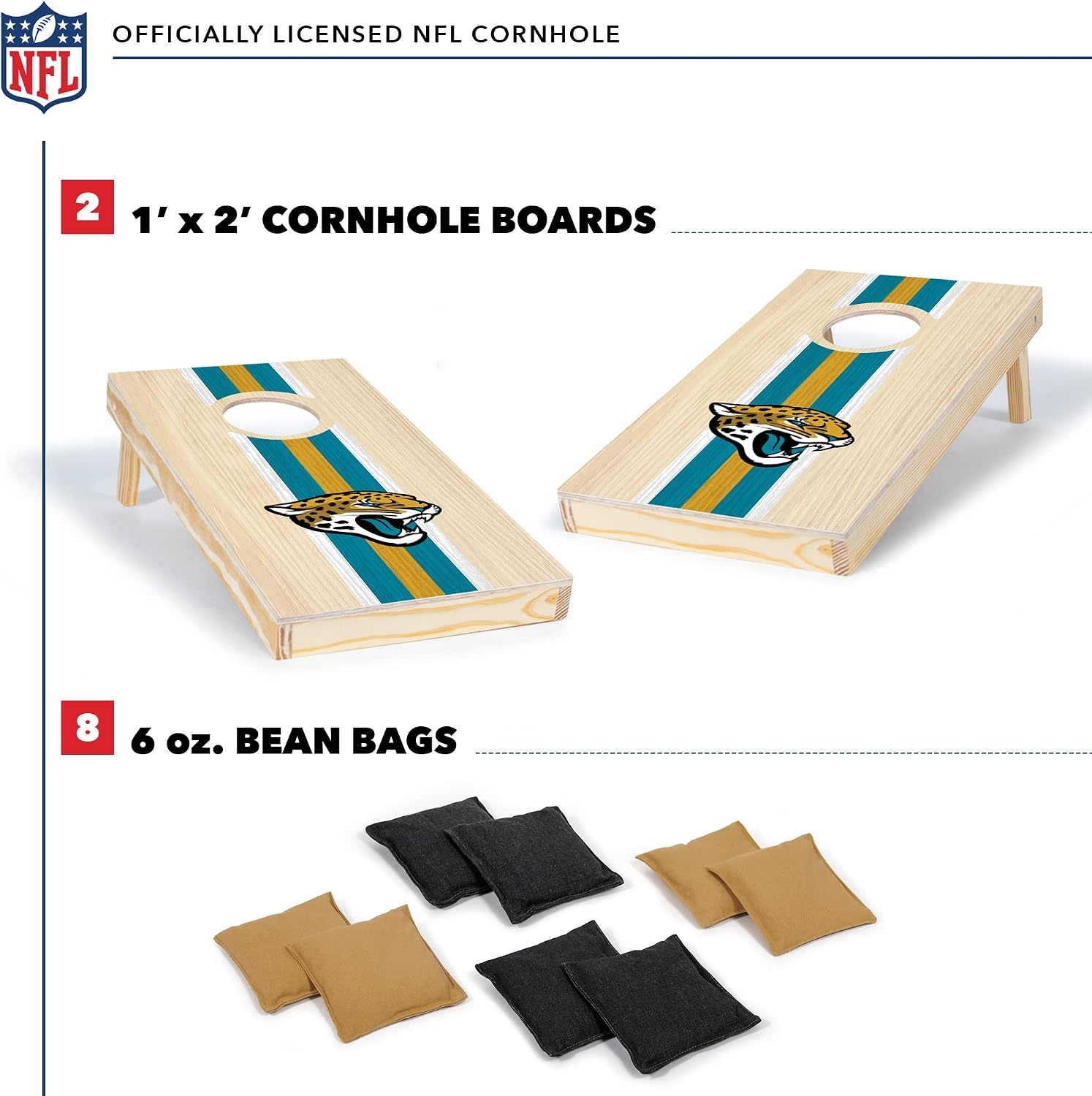 NFL Football Portable Size 1′ x 2′ Solid Wood Cornhole Set with Direct Print HD Team Graphics – Travel Size(Jacksonville Jaguars)