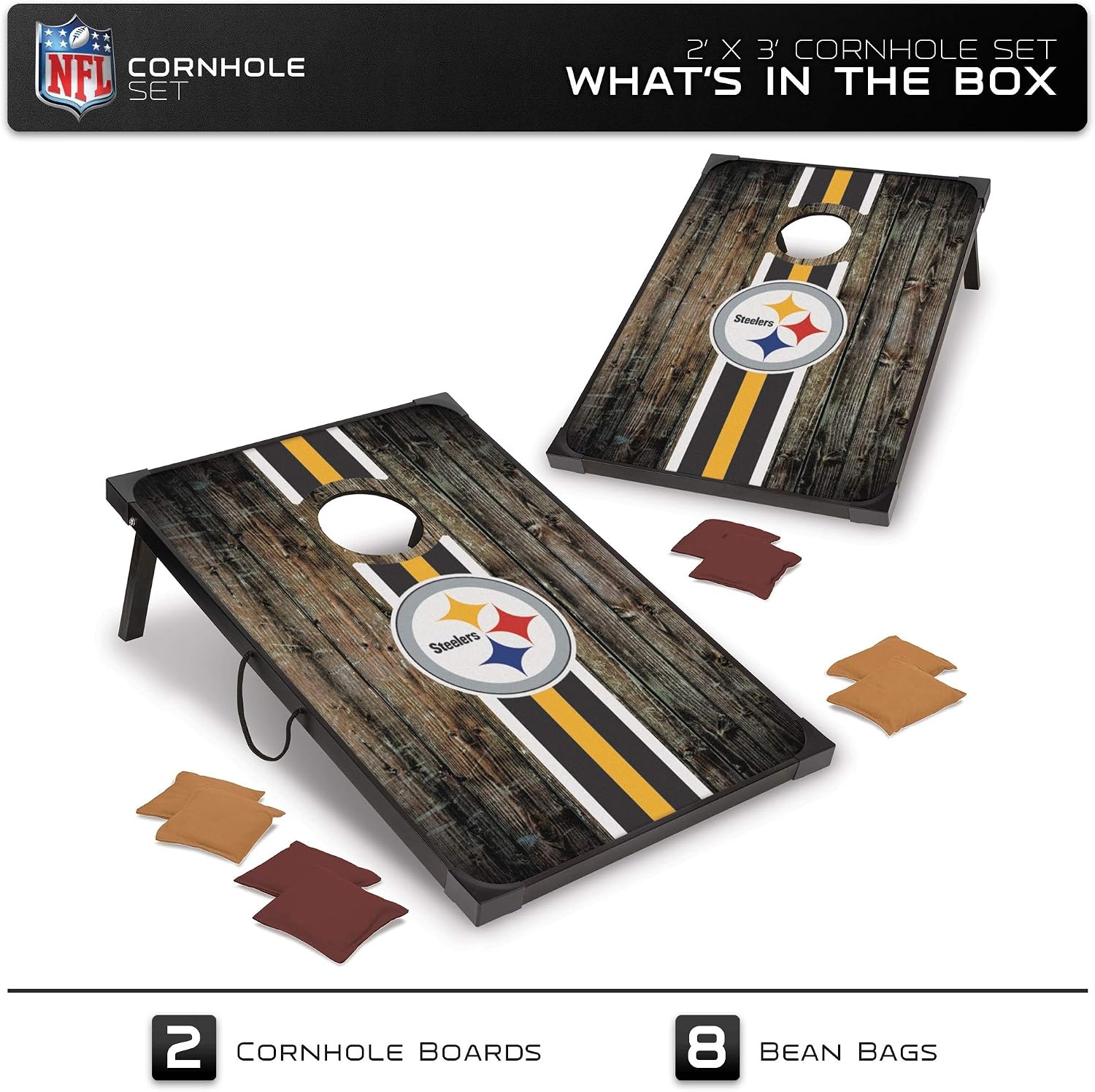 Wild Sports NFL 2′ x 3′ MDF Deluxe Cornhole Set – with Corners and Aprons(Pittsburgh Steelers)