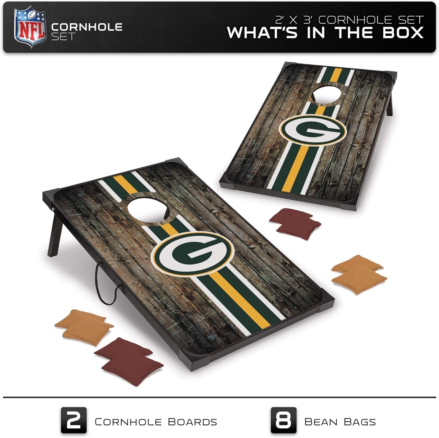 Wild Sports NFL 2′ x 3′ MDF Deluxe Cornhole Set – with Corners and Aprons(Green Bay Packers)