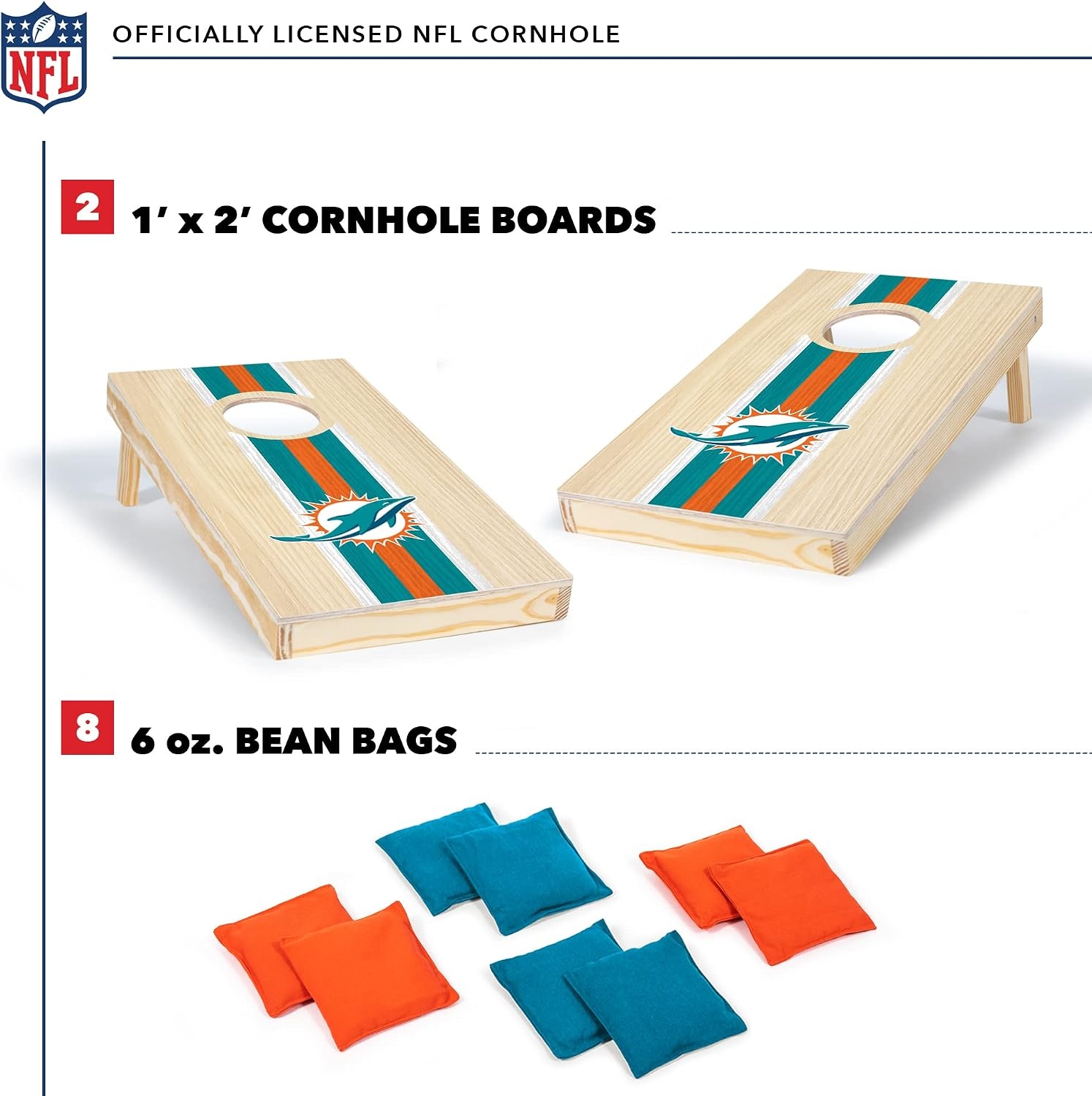 NFL Football Portable Size 1′ x 2′ Solid Wood Cornhole Set with Direct Print HD Team Graphics – Travel Size(Miami Dolphins)