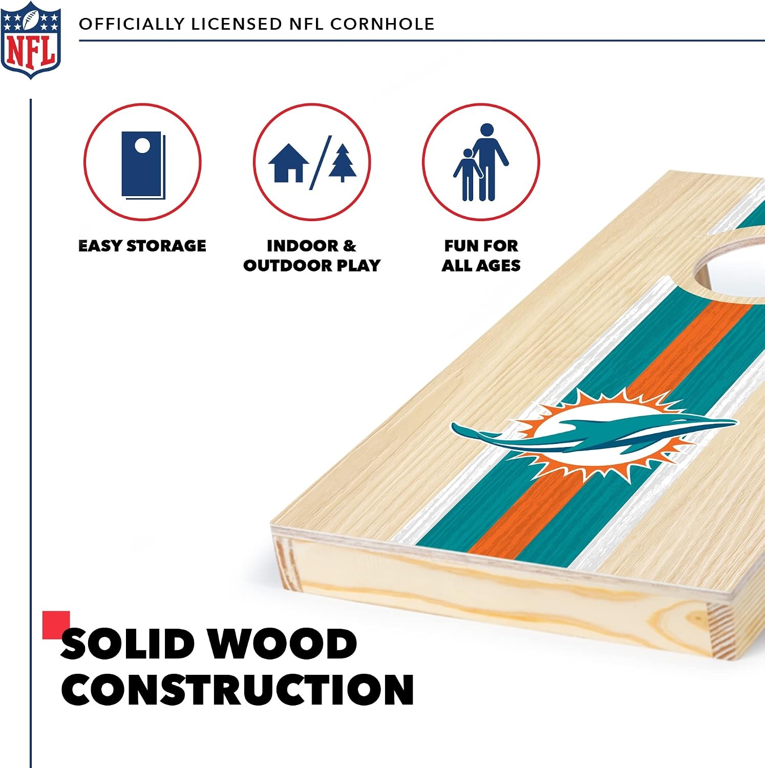NFL Football Portable Size 1′ x 2′ Solid Wood Cornhole Set with Direct Print HD Team Graphics – Travel Size(Miami Dolphins)