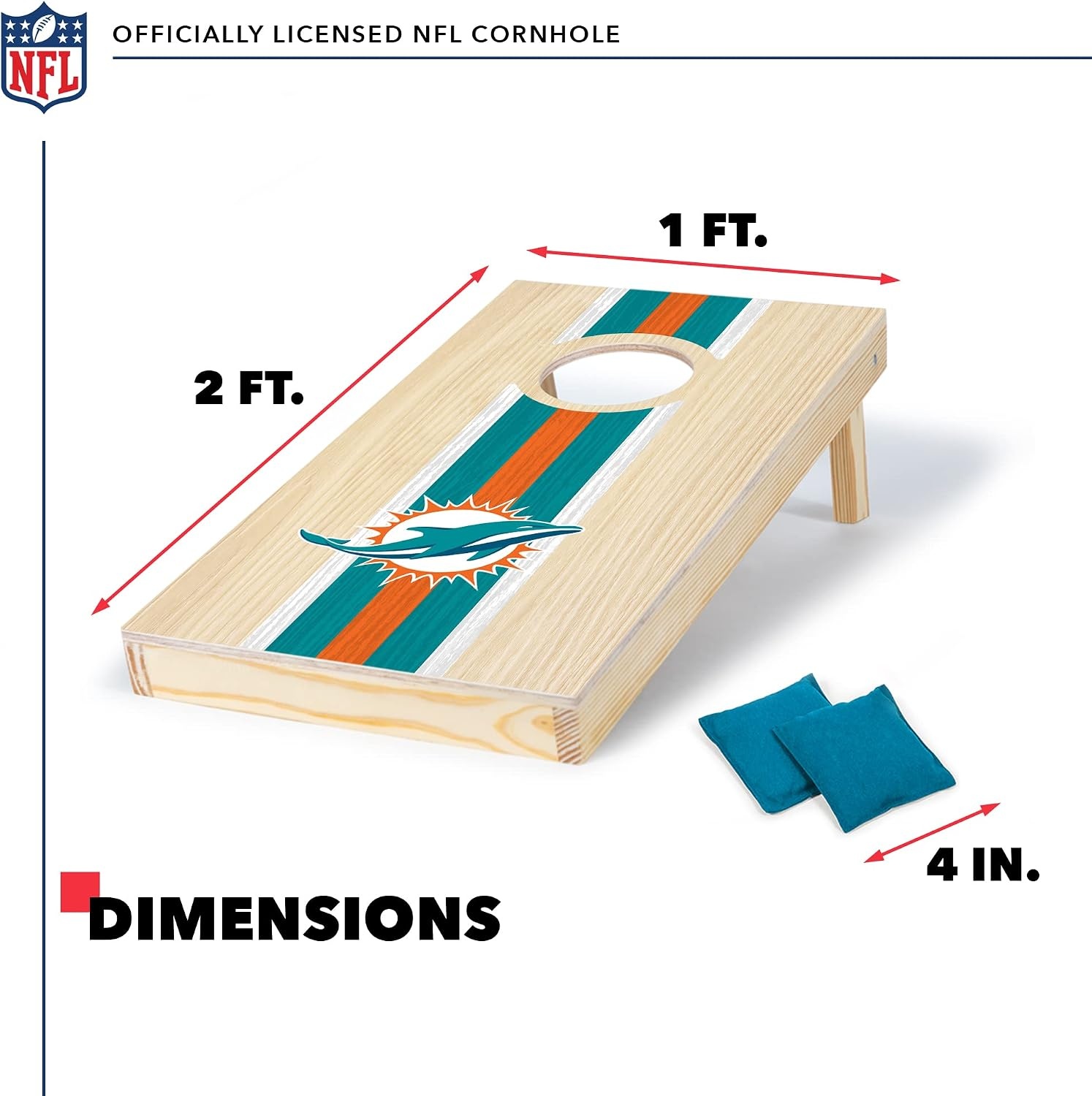 NFL Football Portable Size 1′ x 2′ Solid Wood Cornhole Set with Direct Print HD Team Graphics – Travel Size(Miami Dolphins)