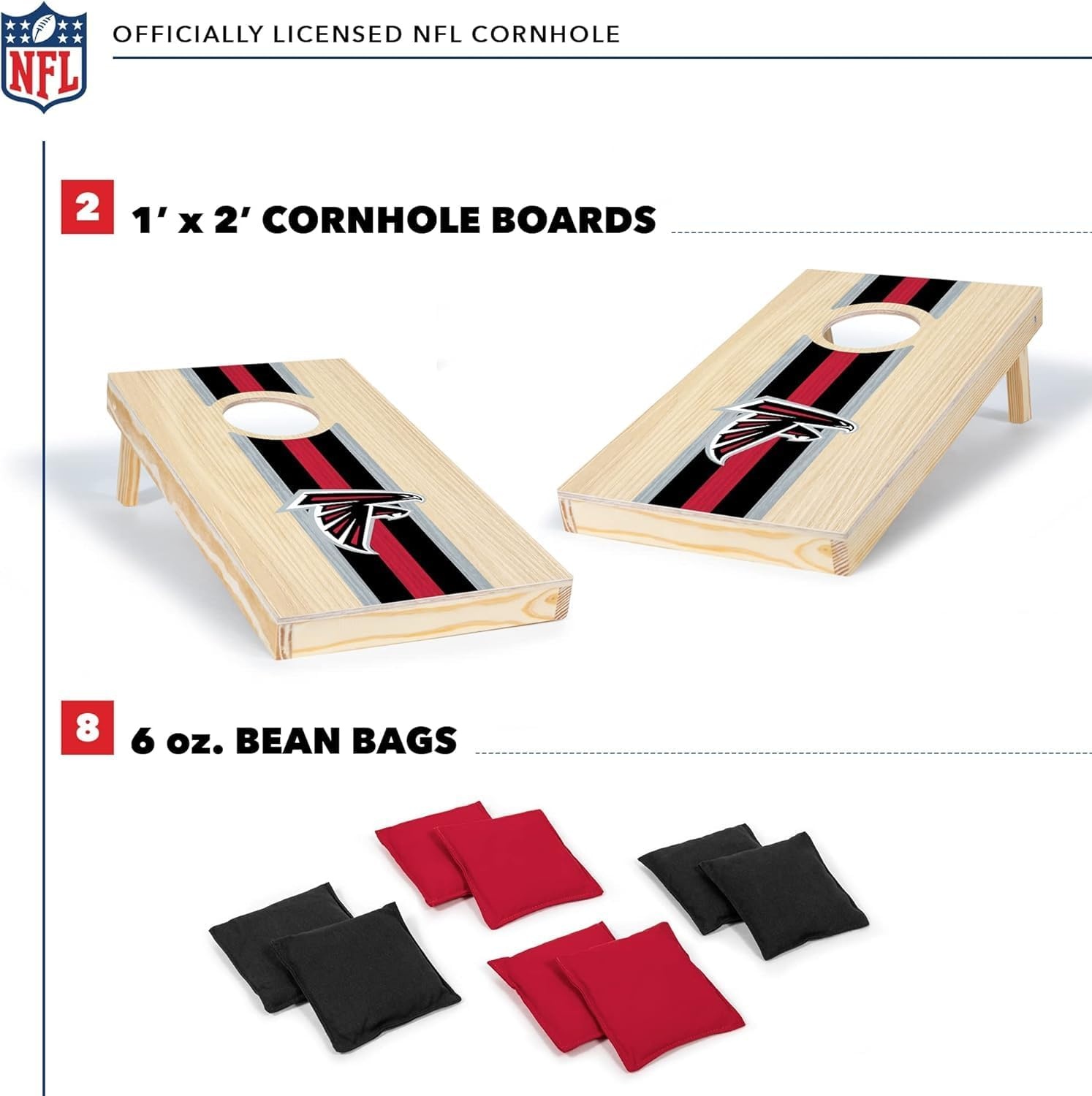 NFL Football Portable Size 1′ x 2′ Solid Wood Cornhole Set with Direct Print HD Team Graphics – Travel Size(Atlanta Falcons)