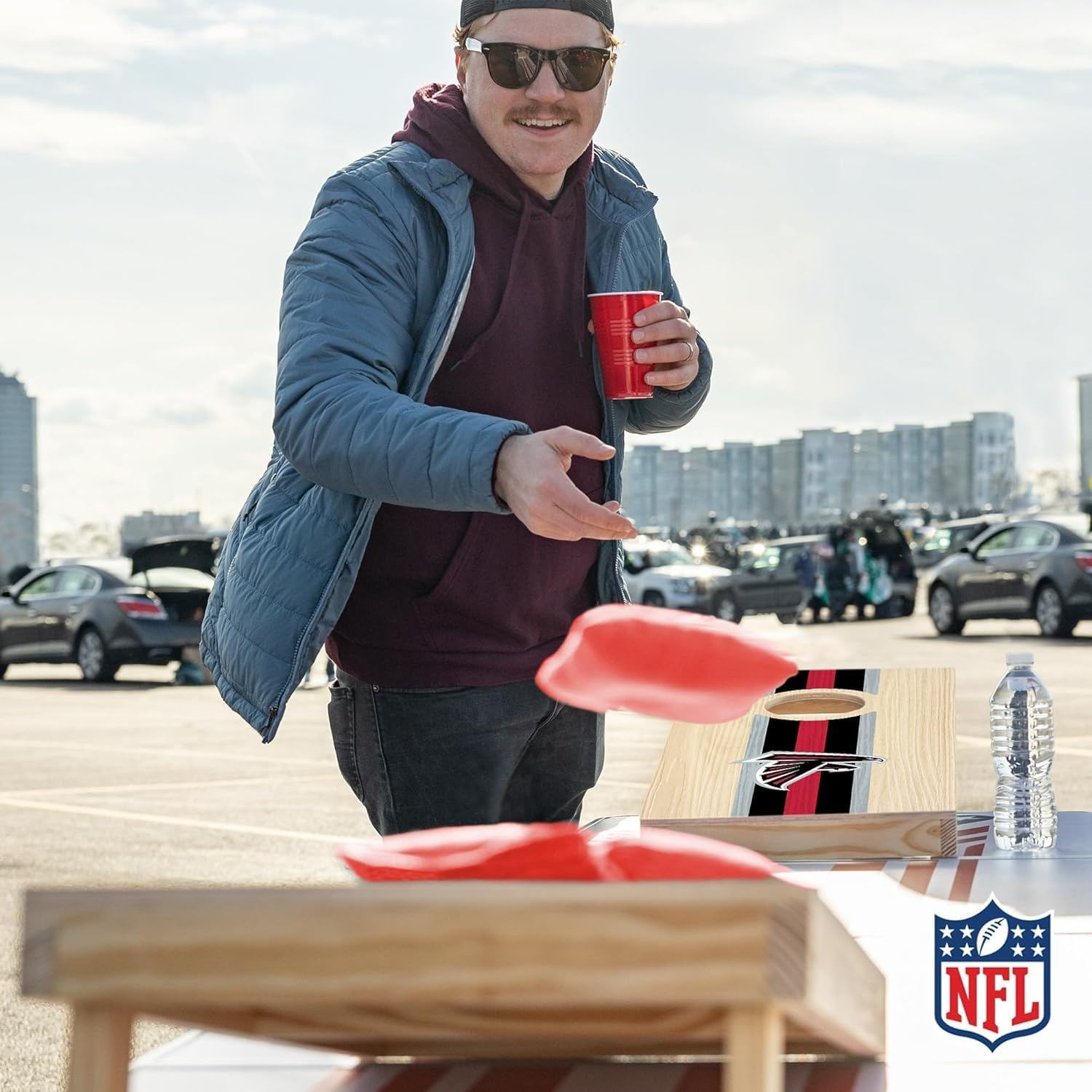 NFL Football Portable Size 1′ x 2′ Solid Wood Cornhole Set with Direct Print HD Team Graphics – Travel Size(Atlanta Falcons)