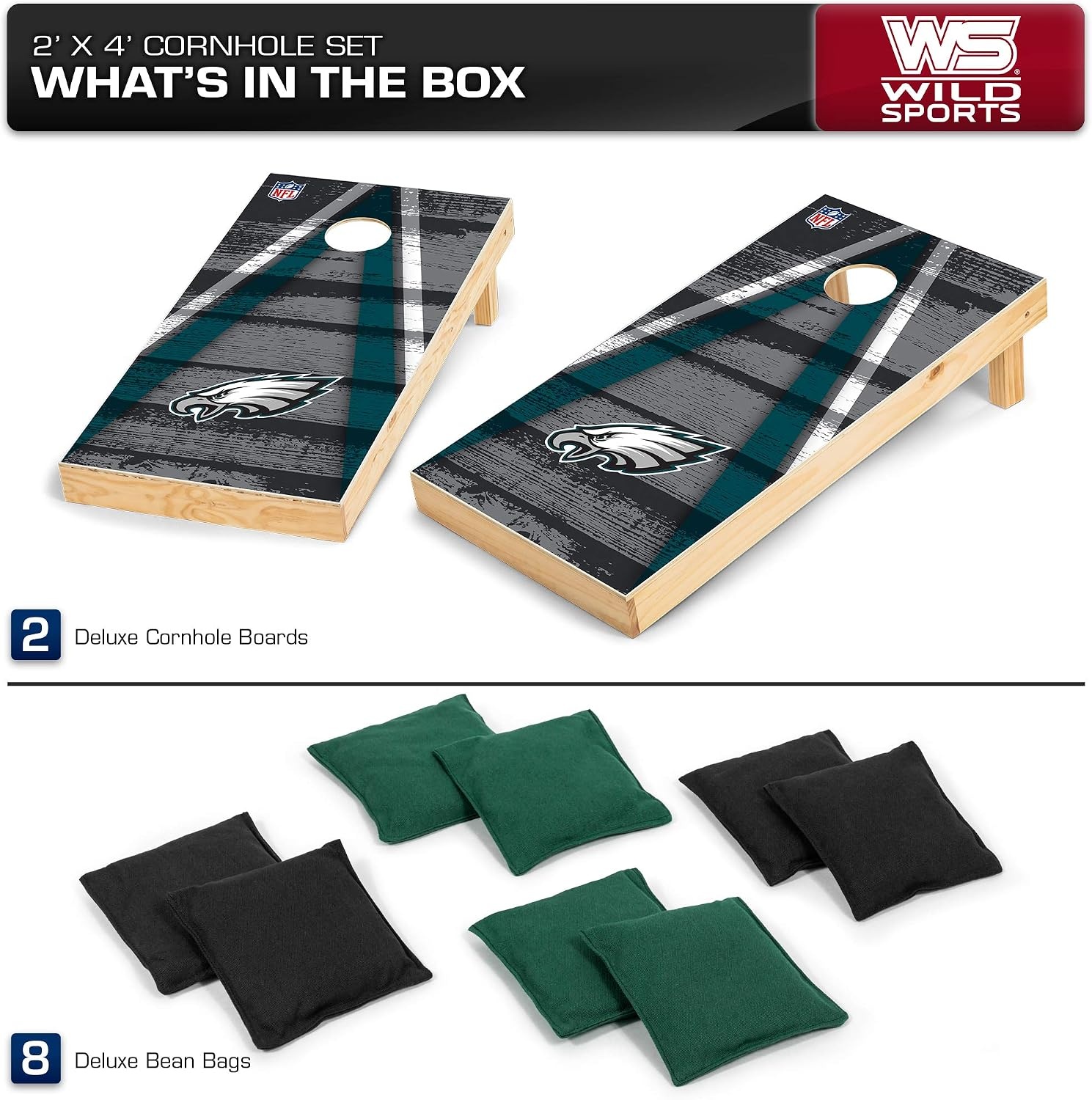 NFL Pro Football 2′ x 4′ Wood Direct Print Tournament Cornhole Set by Wild Sports, Comes with 8 Bean Bags – Perfect for Tailgate, Outdoor, Backyard(Philadelphia Eagles)
