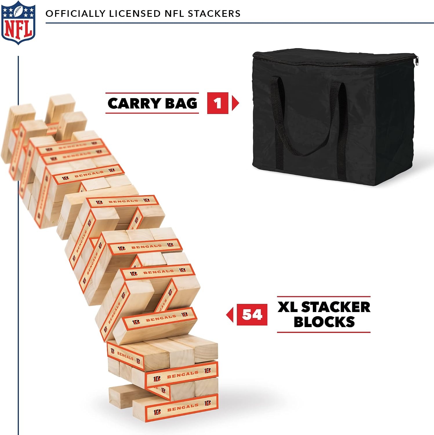 Wild Sports NFL Giant Stacking Wooden Blocks – Tumbling Tower Classic Family Game Stacks – Great Gift for Any Football Fan (Cincinnati Bengals)