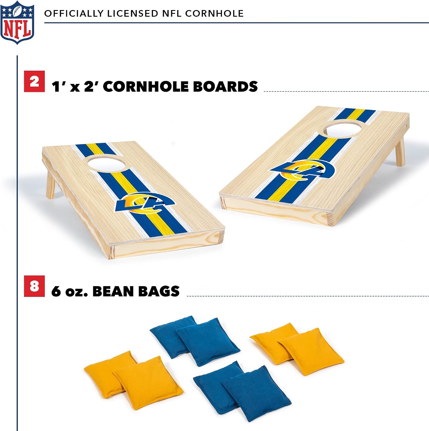 NFL Football Portable Size 1′ x 2′ Solid Wood Cornhole Set with Direct Print HD Team Graphics – Travel Size(Los Angeles Rams)