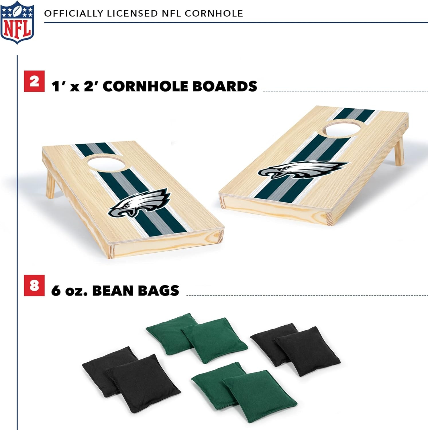 NFL Football Portable Size 1′ x 2′ Solid Wood Cornhole Set with Direct Print HD Team Graphics – Travel Size(Philadelphia Eagles)