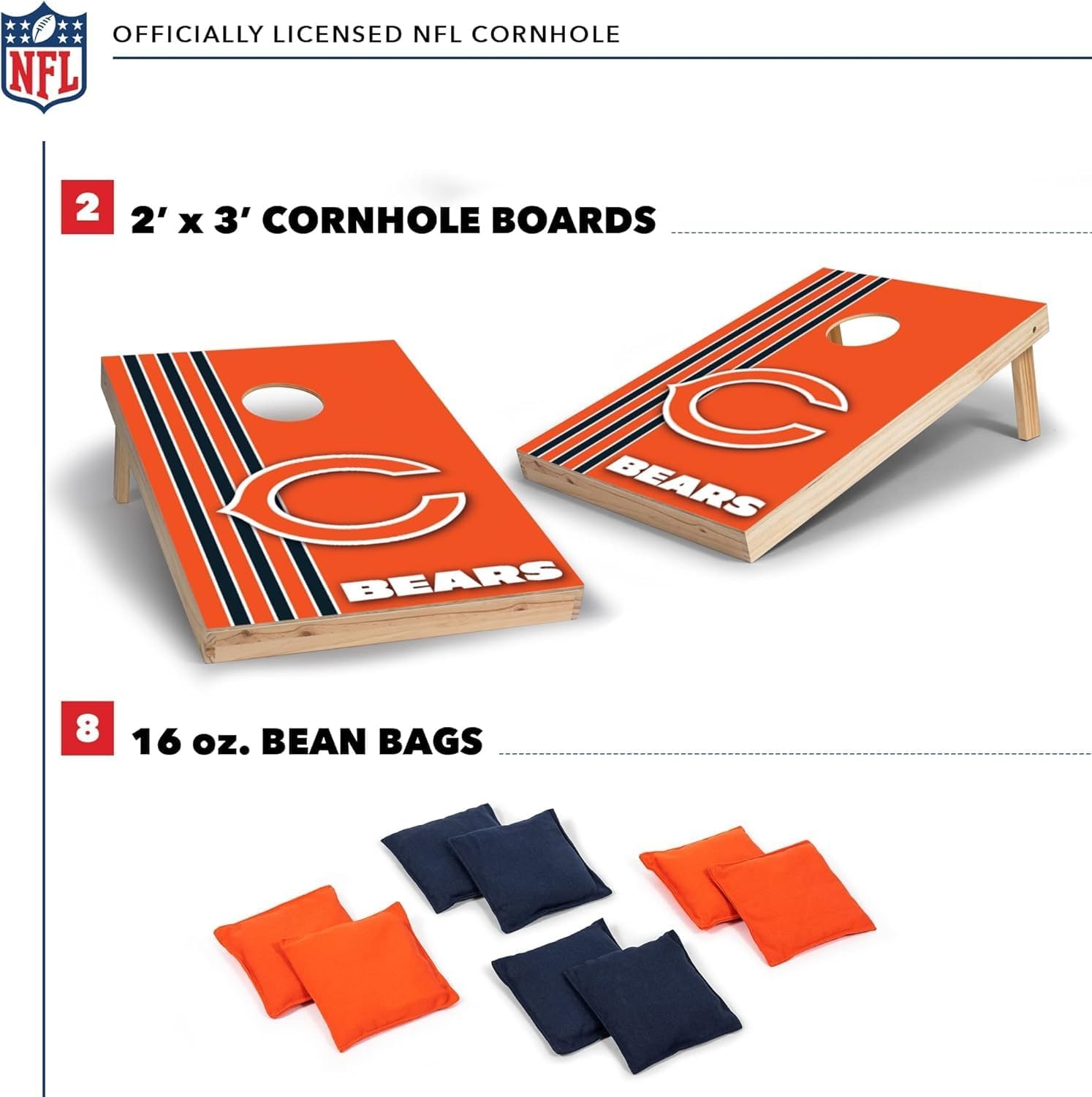 NFL 2′ x 3′ Solid Wood Cornhole Set with Direct Print HD Team Graphics – Great Gift for Any Football Fan  Bean Bag Toss Family Outdoor Games(Chicago Bears)