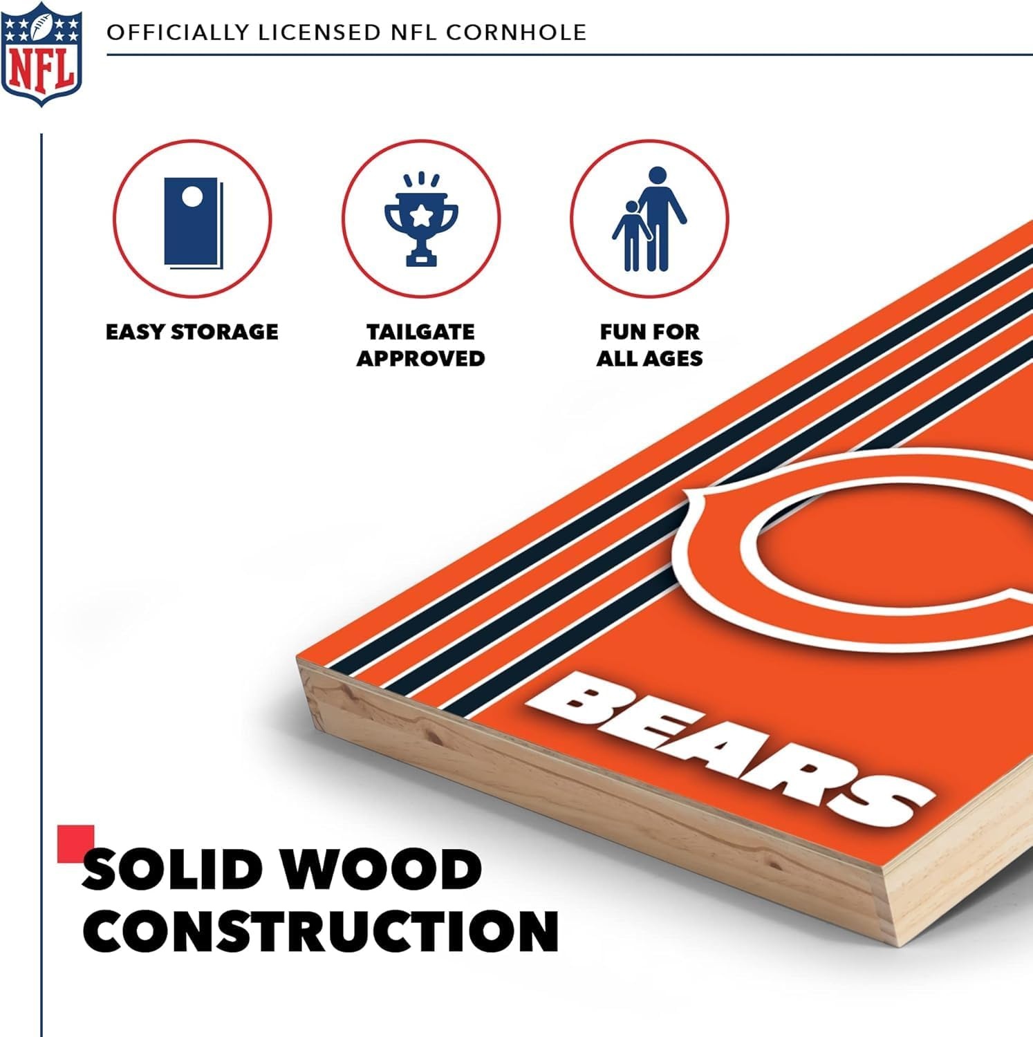 NFL 2′ x 3′ Solid Wood Cornhole Set with Direct Print HD Team Graphics – Great Gift for Any Football Fan  Bean Bag Toss Family Outdoor Games(Chicago Bears)