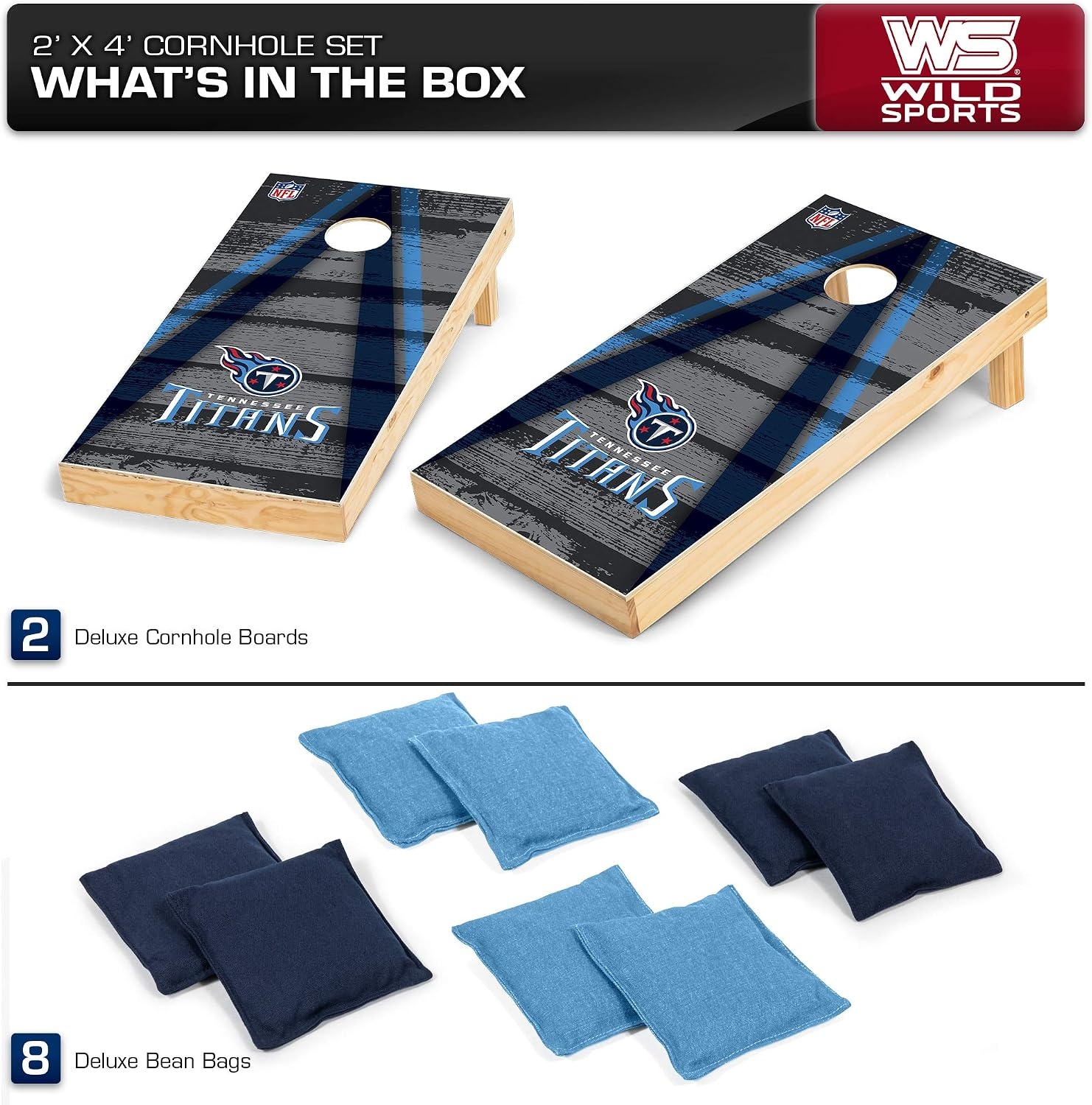 NFL Pro Football 2′ x 4′ Wood Direct Print Tournament Cornhole Set by Wild Sports, Comes with 8 Bean Bags – Perfect for Tailgate, Outdoor, Backyard(Tennessee Titans)