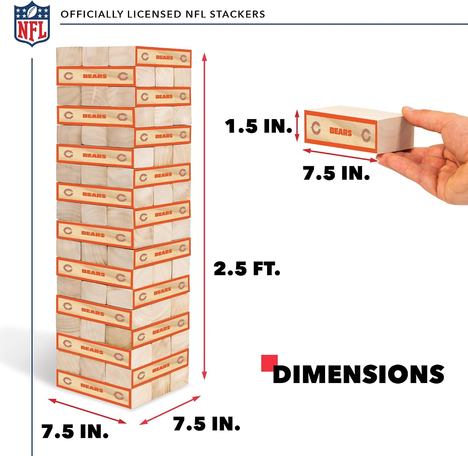 Wild Sports NFL Giant Stacking Wooden Blocks – Tumbling Tower Classic Family Game Stacks – Great Gift for Any Football Fan (Chicago Bears)