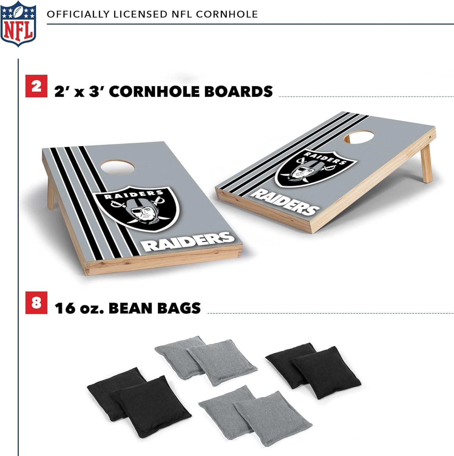 NFL 2′ x 3′ Solid Wood Cornhole Set with Direct Print HD Team Graphics – Great Gift for Any Football Fan  Bean Bag Toss Family Outdoor Games(Las Vegas Raiders)