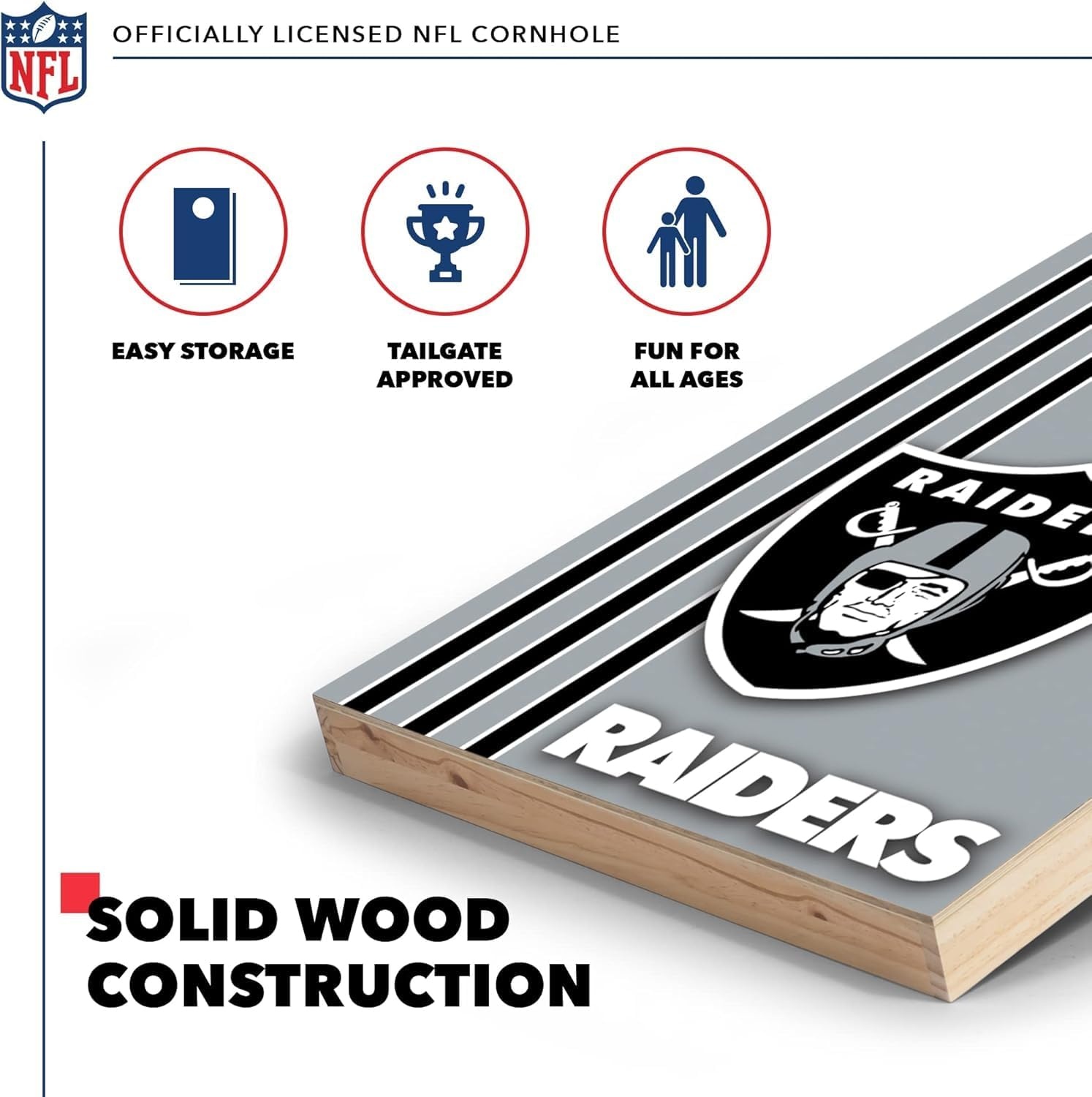 NFL 2′ x 3′ Solid Wood Cornhole Set with Direct Print HD Team Graphics – Great Gift for Any Football Fan  Bean Bag Toss Family Outdoor Games(Las Vegas Raiders)