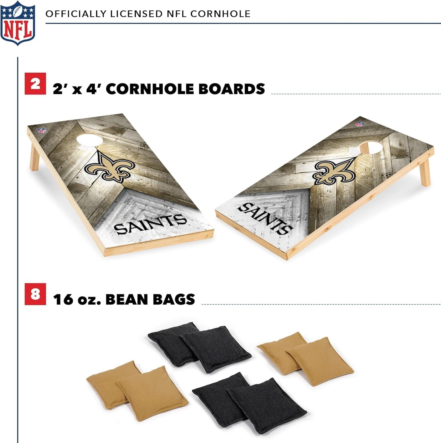 NFL Football 2′ x 4′ Regulation Size Solid Wood Cornhole Set with Direct Print HD Team Graphics Great Gift for Any Football Fan  Bean Bag Toss Family Outdoor Game(New Orleans Saints)
