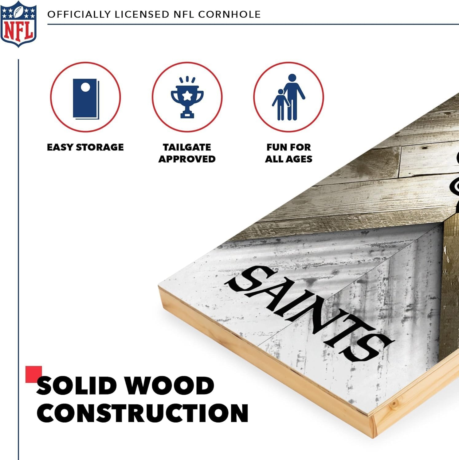 NFL Football 2′ x 4′ Regulation Size Solid Wood Cornhole Set with Direct Print HD Team Graphics Great Gift for Any Football Fan  Bean Bag Toss Family Outdoor Game(New Orleans Saints)
