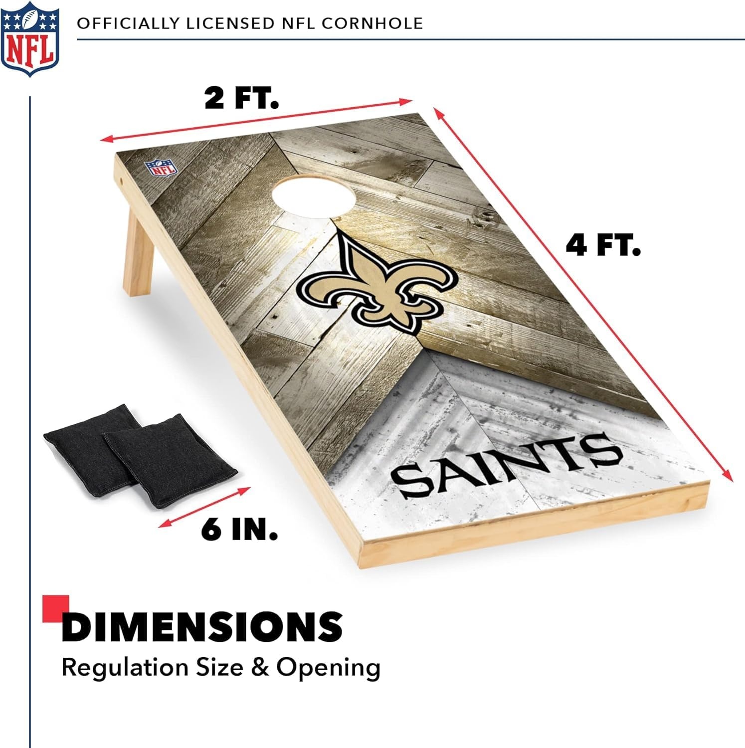 NFL Football 2′ x 4′ Regulation Size Solid Wood Cornhole Set with Direct Print HD Team Graphics Great Gift for Any Football Fan  Bean Bag Toss Family Outdoor Game(New Orleans Saints)