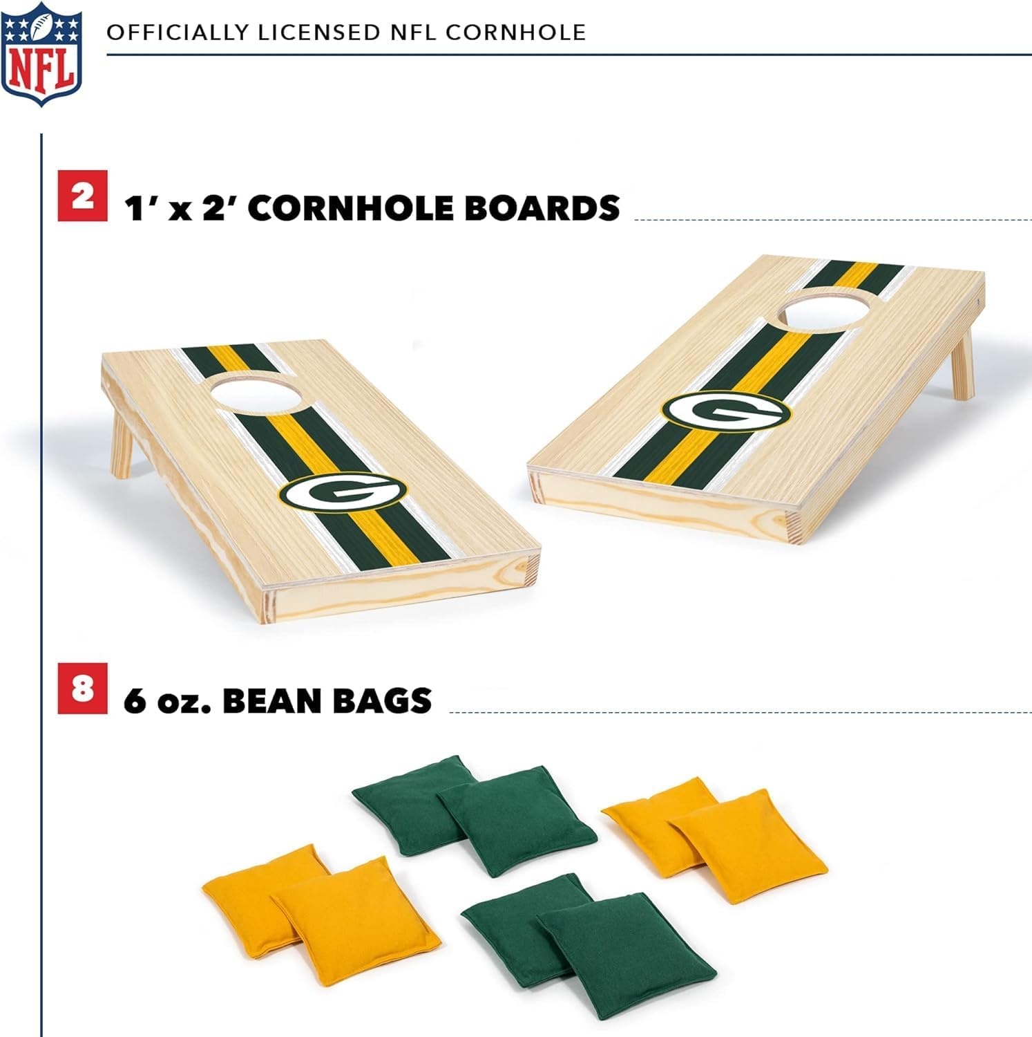 NFL Football Portable Size 1′ x 2′ Solid Wood Cornhole Set with Direct Print HD Team Graphics – Travel Size(Green Bay Packers)