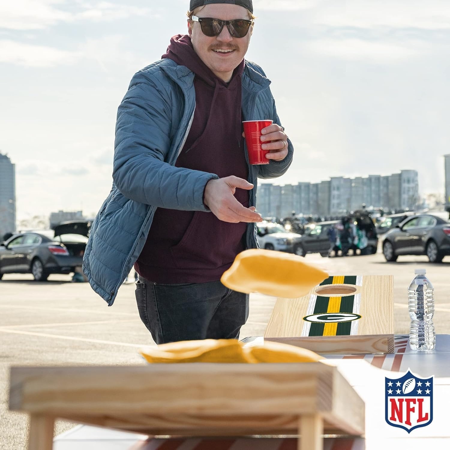 NFL Football Portable Size 1′ x 2′ Solid Wood Cornhole Set with Direct Print HD Team Graphics – Travel Size(Green Bay Packers)