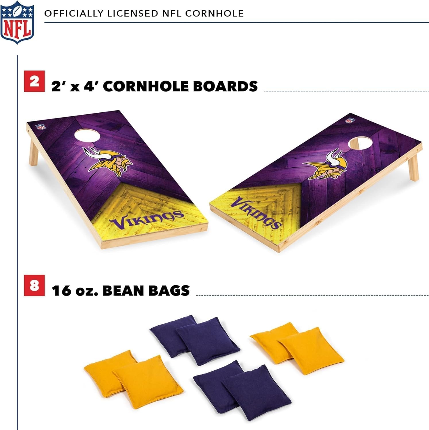 NFL Football 2′ x 4′ Regulation Size Solid Wood Cornhole Set with Direct Print HD Team Graphics Great Gift for Any Football Fan  Bean Bag Toss Family Outdoor Game(Minnesota Vikings)