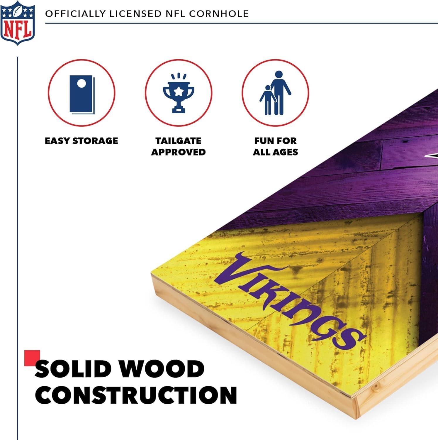 NFL Football 2′ x 4′ Regulation Size Solid Wood Cornhole Set with Direct Print HD Team Graphics Great Gift for Any Football Fan  Bean Bag Toss Family Outdoor Game(Minnesota Vikings)