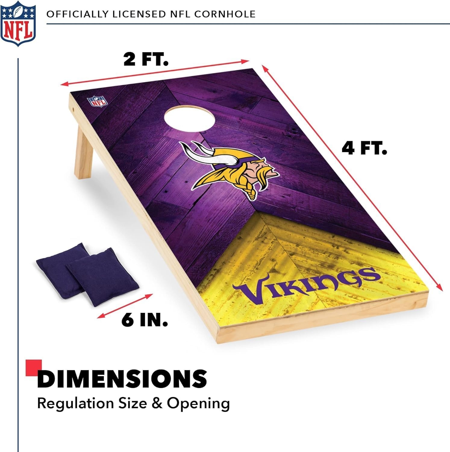 NFL Football 2′ x 4′ Regulation Size Solid Wood Cornhole Set with Direct Print HD Team Graphics Great Gift for Any Football Fan  Bean Bag Toss Family Outdoor Game(Minnesota Vikings)