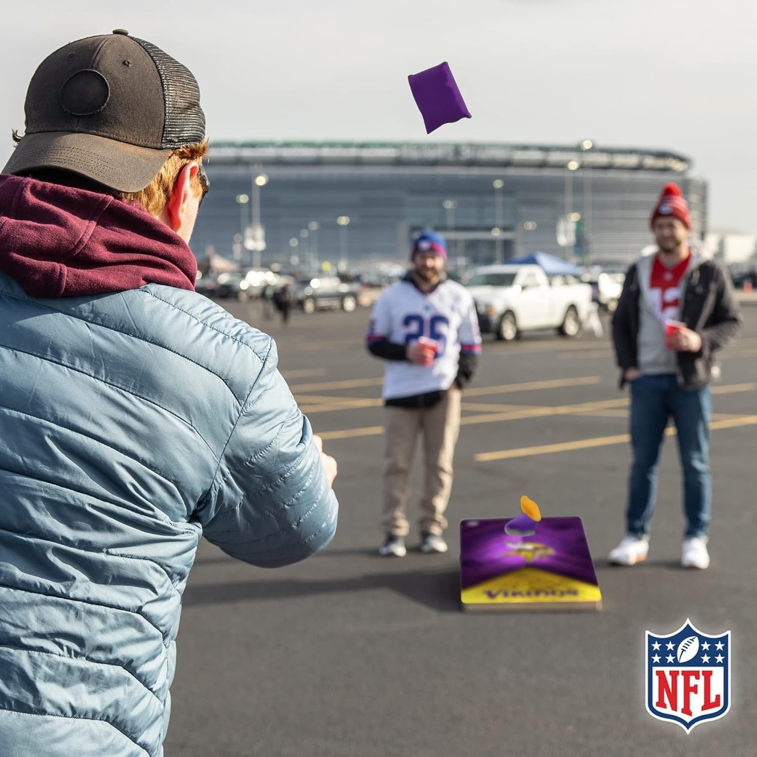 NFL Football 2′ x 4′ Regulation Size Solid Wood Cornhole Set with Direct Print HD Team Graphics Great Gift for Any Football Fan  Bean Bag Toss Family Outdoor Game(Minnesota Vikings)