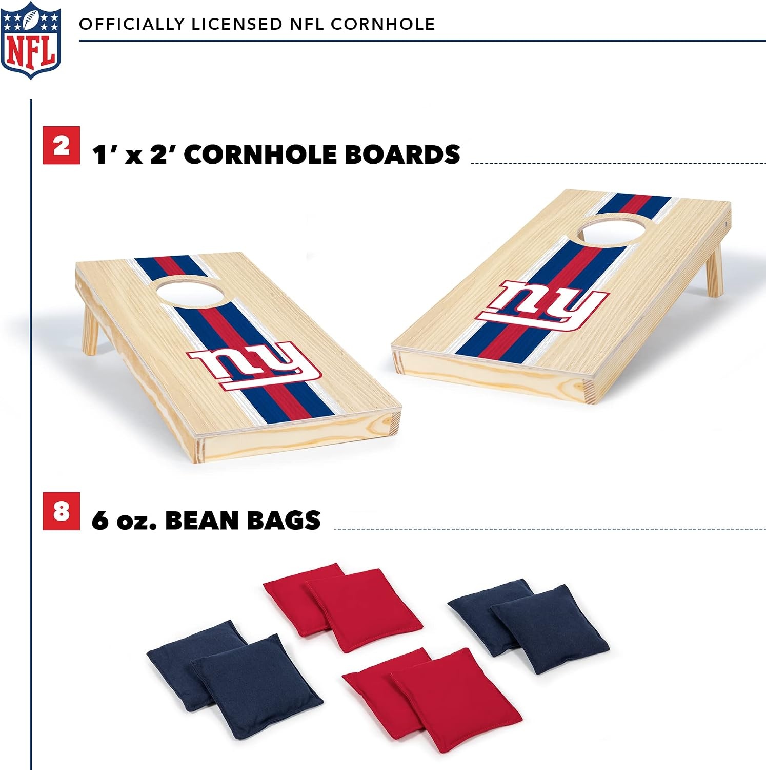 NFL Football Portable Size 1′ x 2′ Solid Wood Cornhole Set with Direct Print HD Team Graphics – Travel Size(New York Giants)