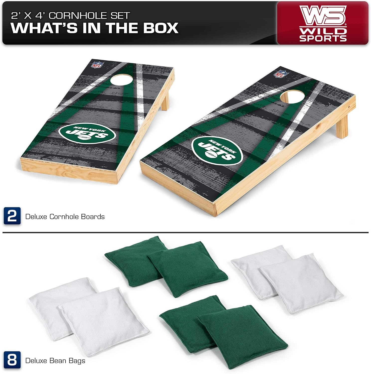NFL Pro Football 2′ x 4′ Wood Direct Print Tournament Cornhole Set by Wild Sports, Comes with 8 Bean Bags – Perfect for Tailgate, Outdoor, Backyard(New York Jets)
