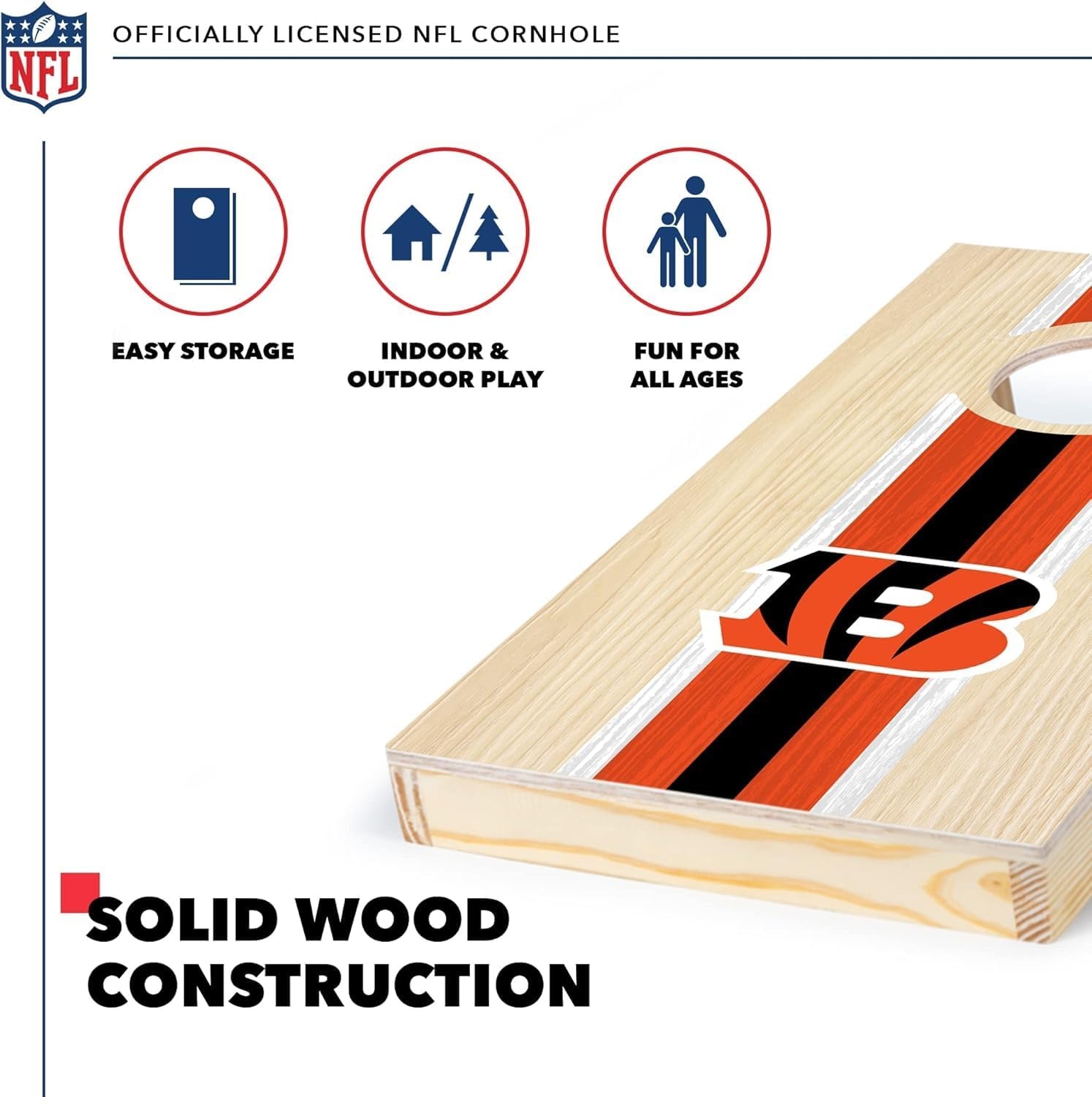 NFL Football Portable Size 1′ x 2′ Solid Wood Cornhole Set with Direct Print HD Team Graphics – Travel Size(Cincinnati Bengals)